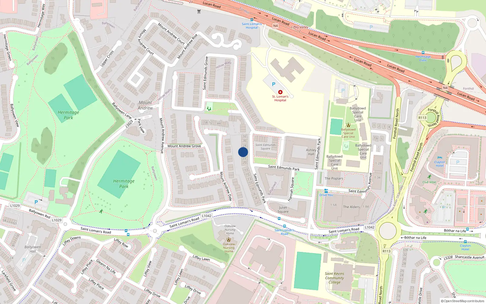 Overhead map showing the location of 25 St Edmunds Park, Lucan, Dublin