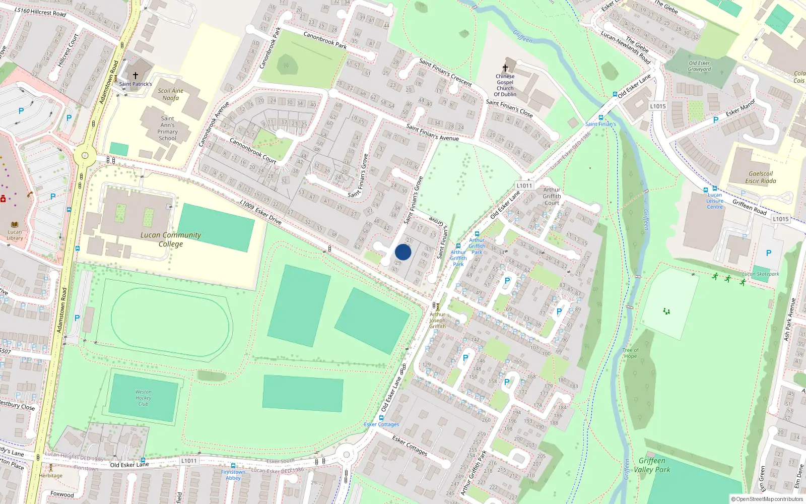 Overhead map showing the location of 25 Saint Finian's Green, Lucan