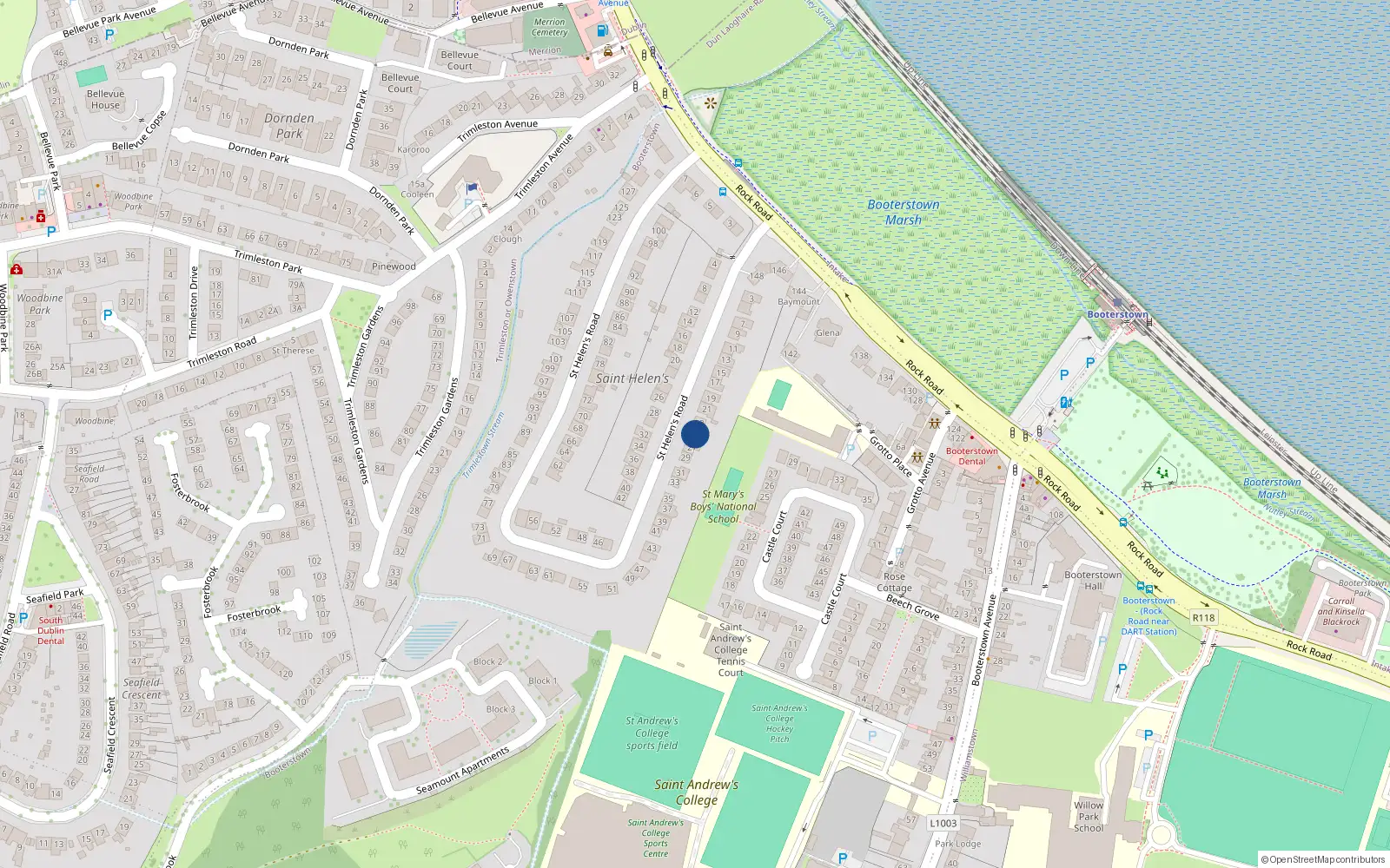 Overhead map showing the location of 25 St Helens Road, Blackrock, Co Dublin