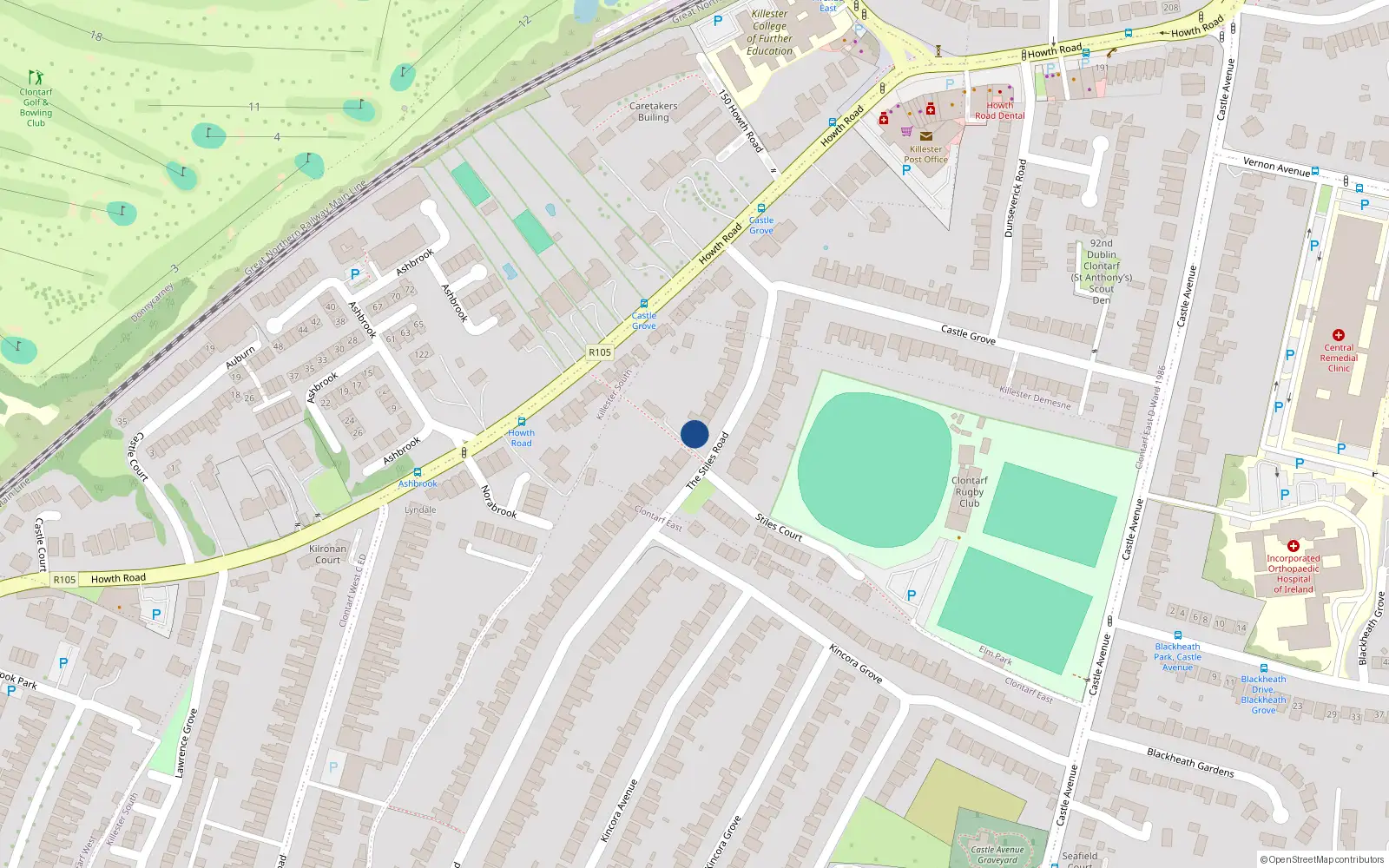 Overhead map showing the location of 25 Stiles Road, Clontarf