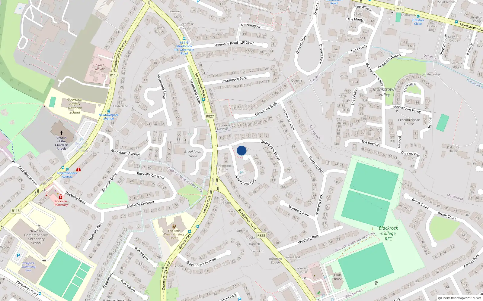 Overhead map showing the location of 25 Stradbrook Hall, Blackrock, Dublin