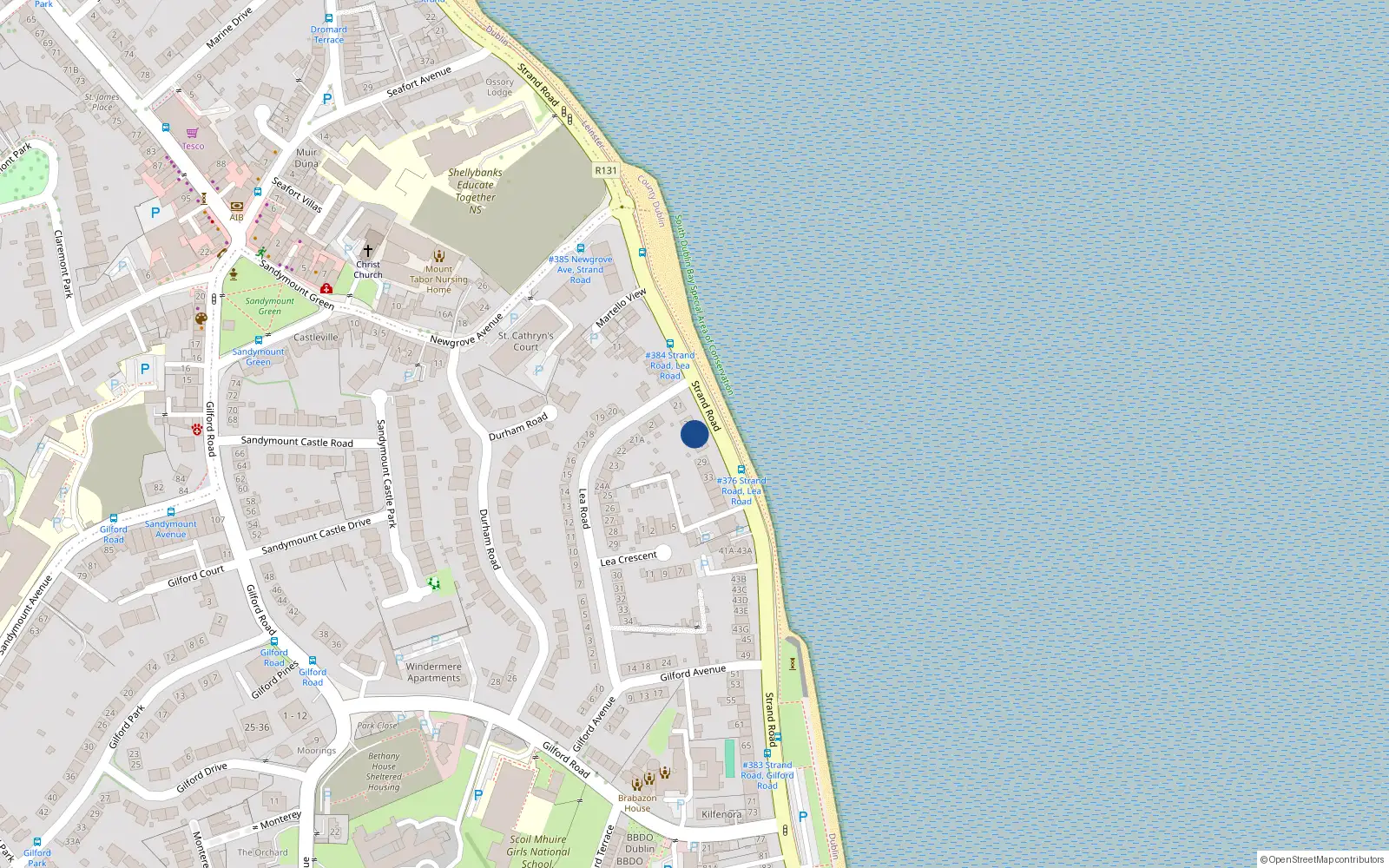 Overhead map showing the location of 25 Strand Road, Sandymount