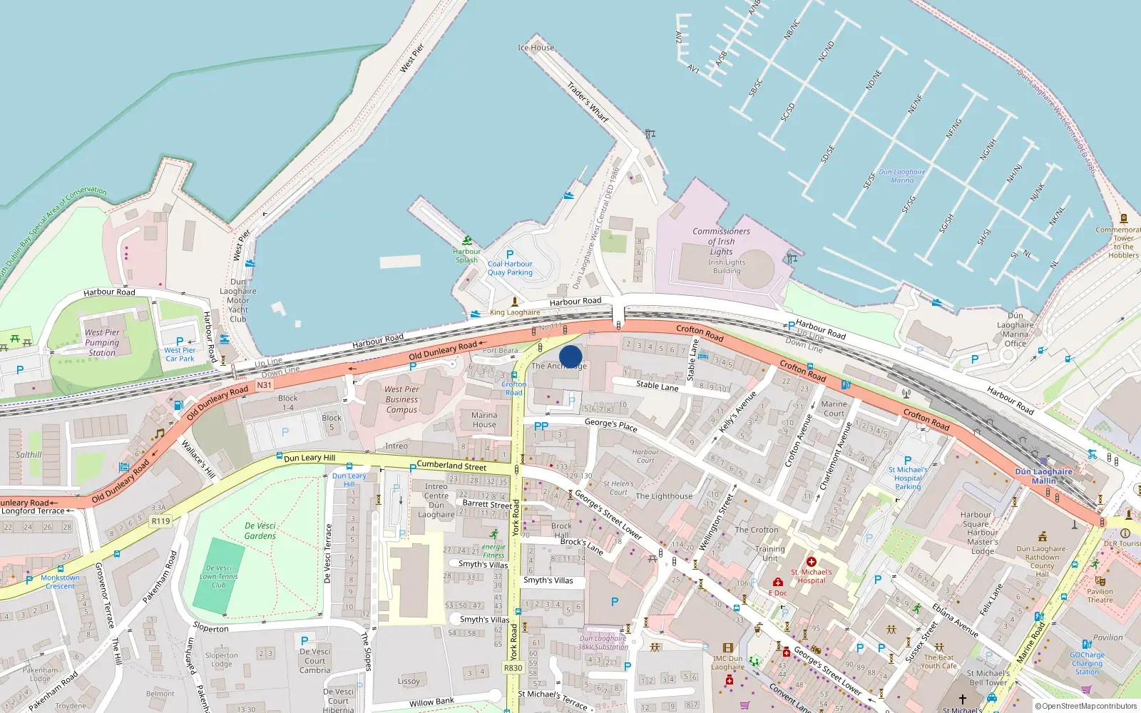 Overhead map showing the location of 25 the Anchorage, Crofton Road, Dun Laoghaire
