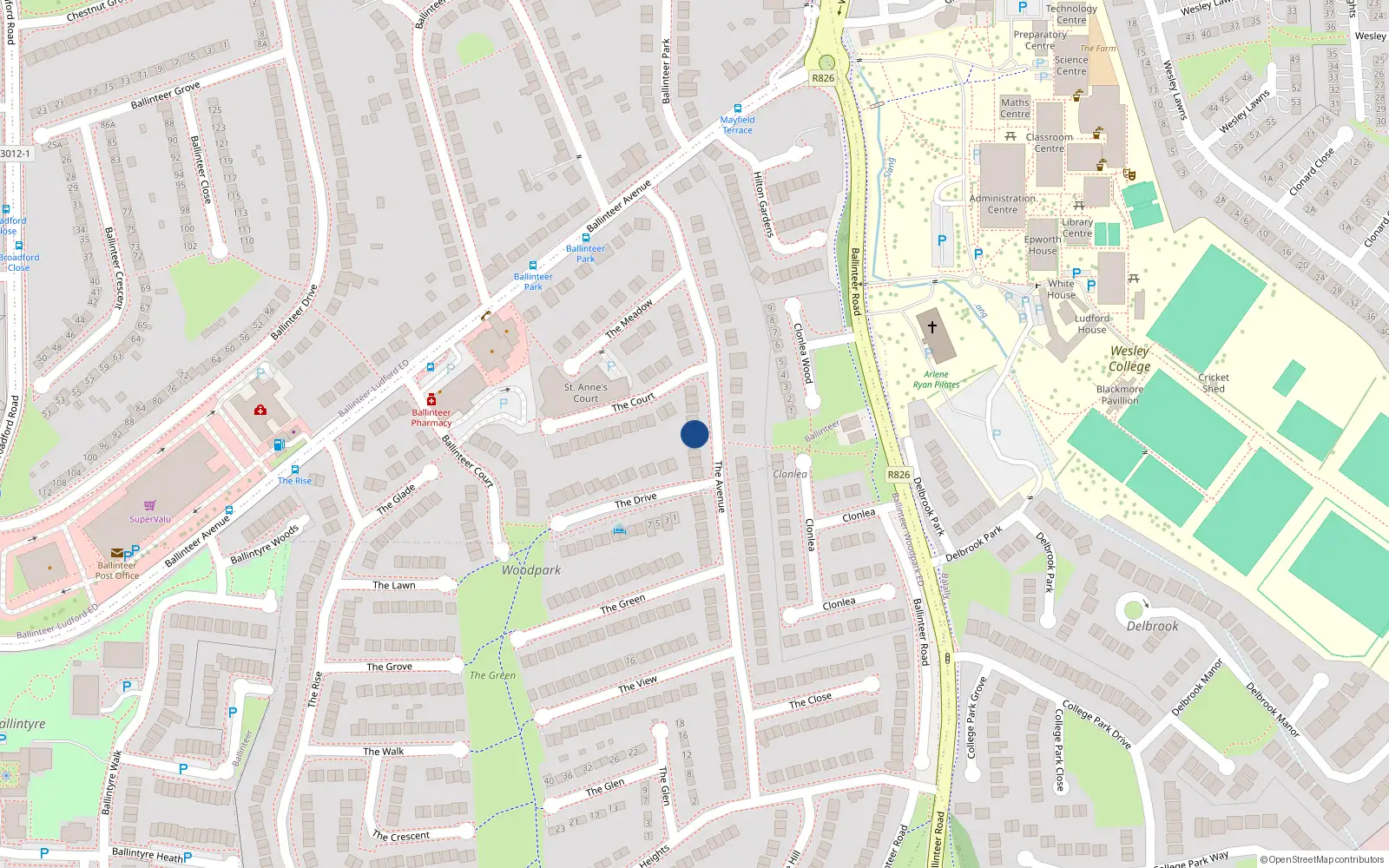 Overhead map showing the location of 25 The Avenue, Ballinteer