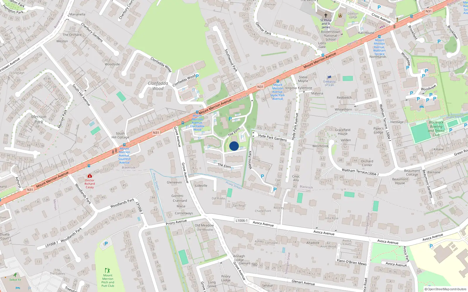 Overhead map showing the location of 25 the Elms, Mount Merrion Avenue, Blackrock