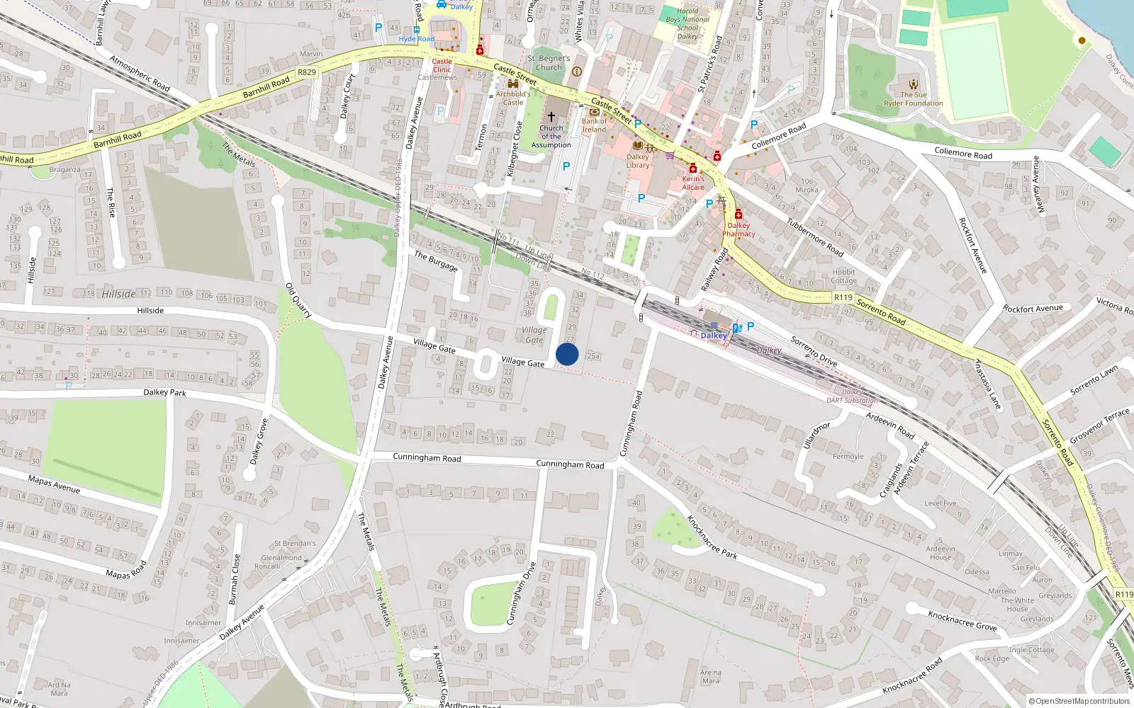 Overhead map showing the location of 25 Village Gate, Dalkey
