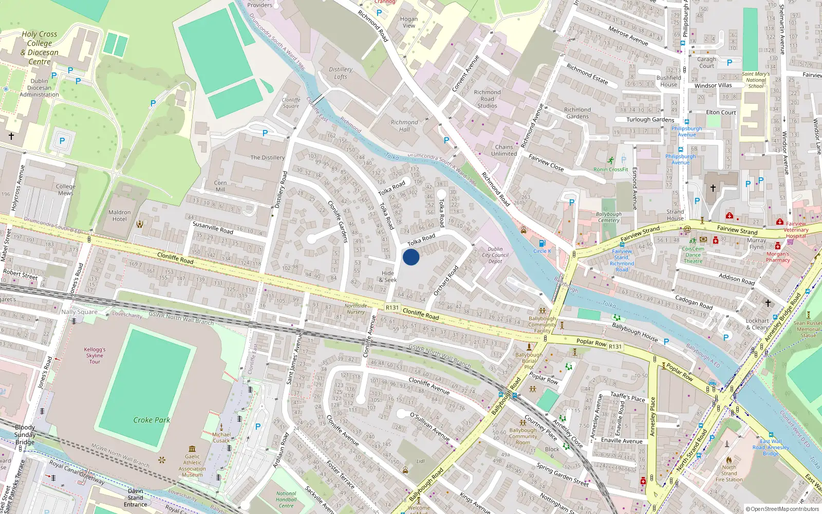 Overhead map showing the location of 25 Tolka Road, Drumcondra, Dublin 3