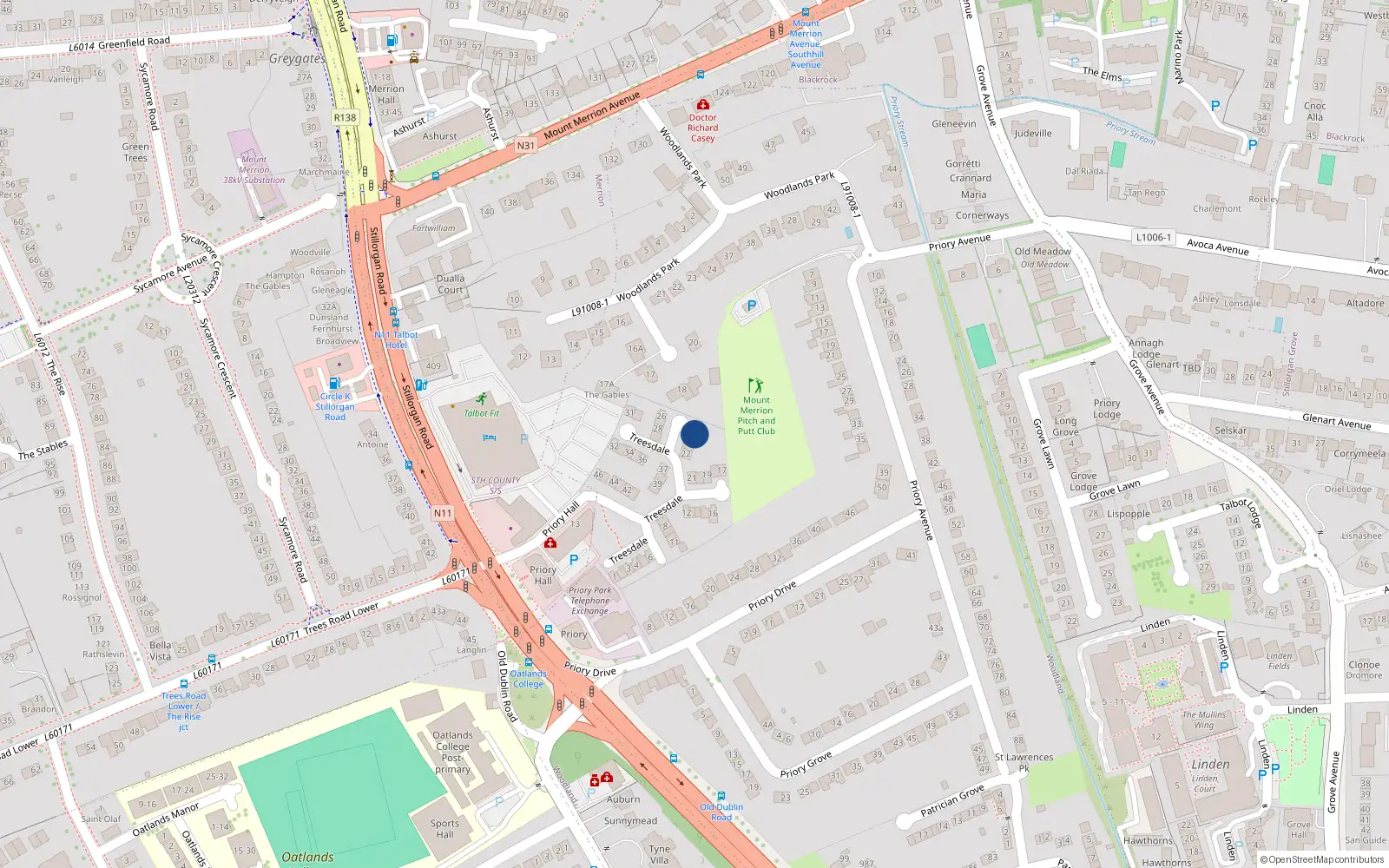Overhead map showing the location of 25 Treesdale, Stillorgan, Dublin