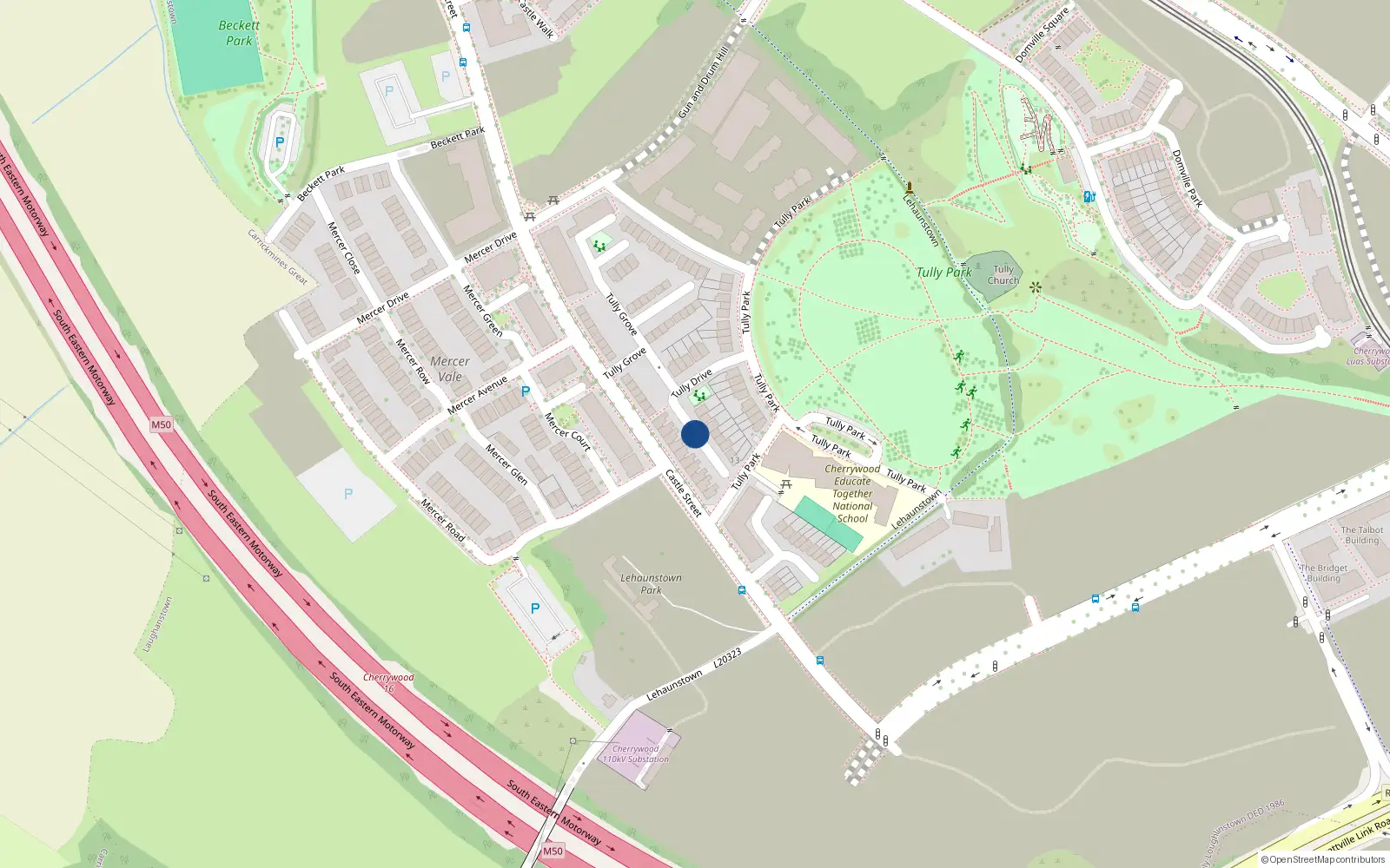 Overhead map showing the location of 25 Tully Drive, Laughanstown