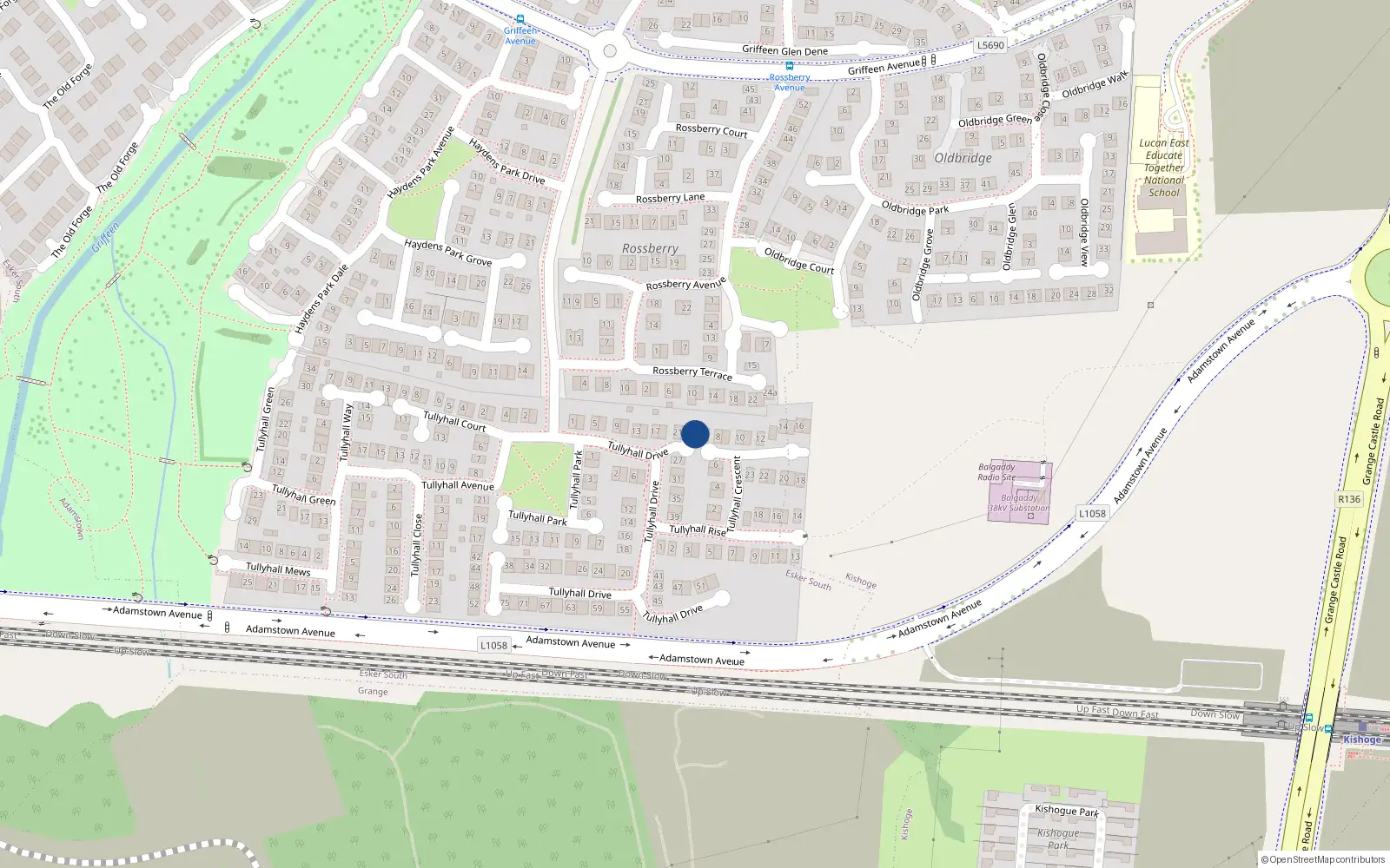 Overhead map showing the location of 25 Tullyhall Drive, Lucan, Dublin