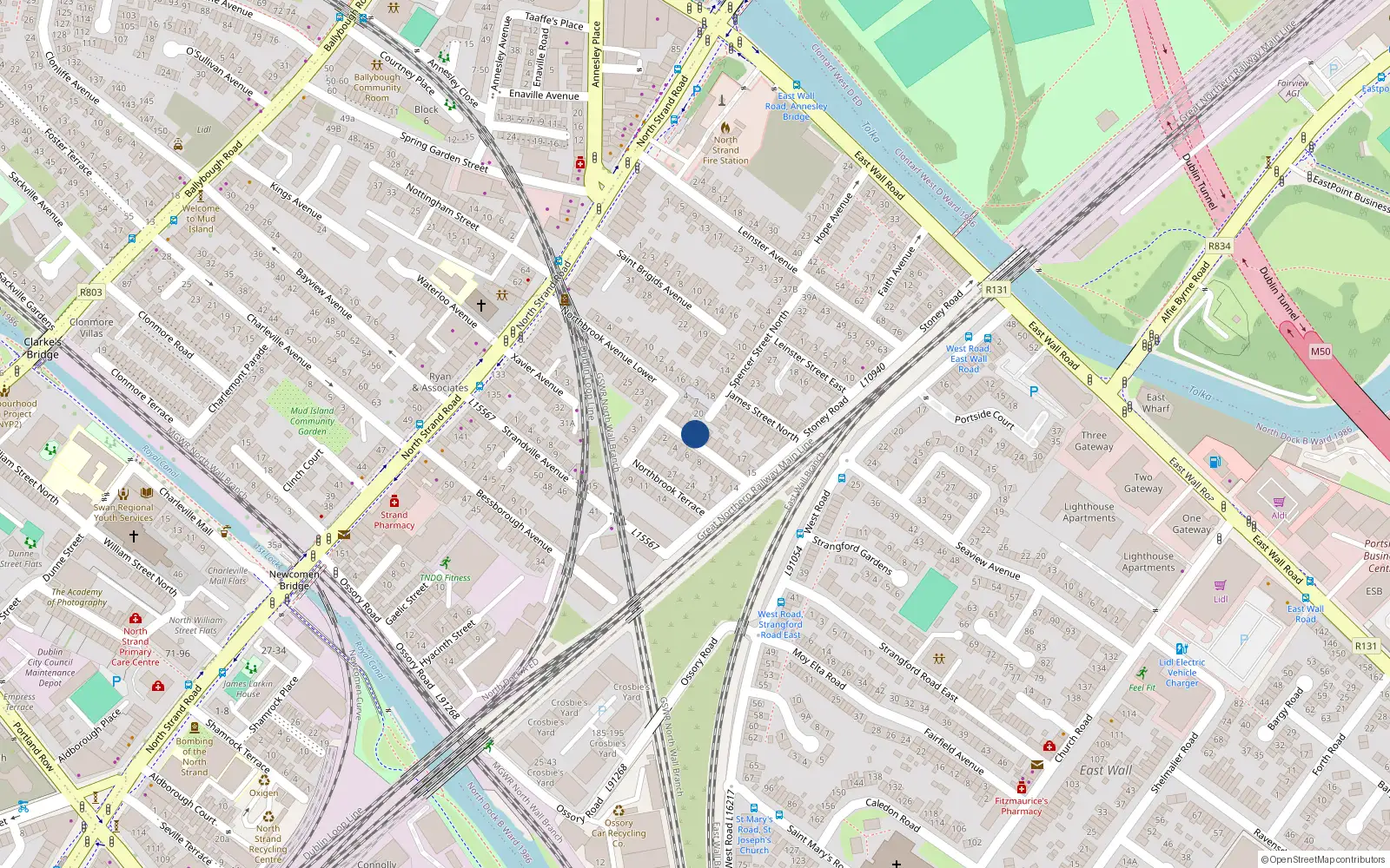 Overhead map showing the location of 25 Upr Northbrook Avenue, North Strand, Dublin 3