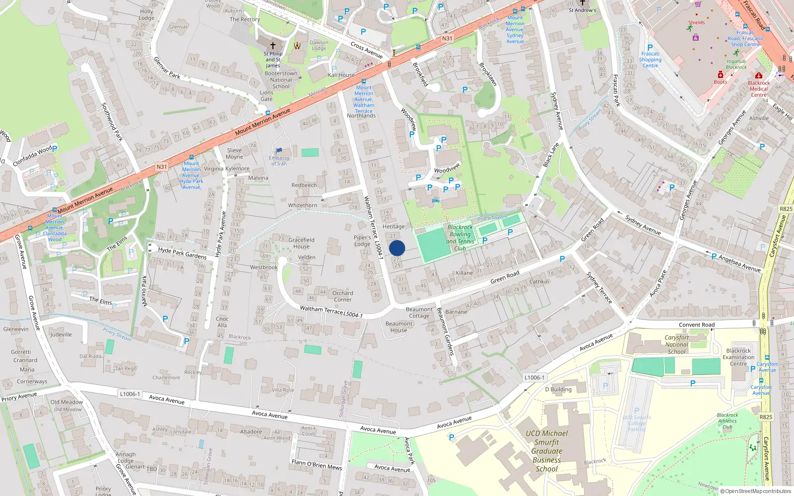 Overhead map showing the location of 25 Waltham Terrace, Blackrock