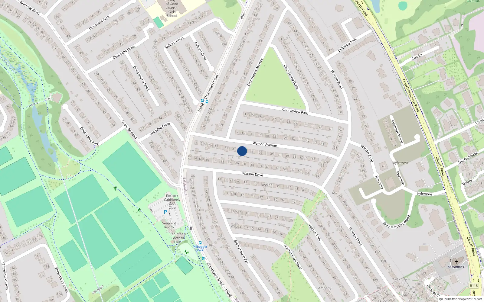 Overhead map showing the location of 25 Watson Avenue, Killiney, Dublin