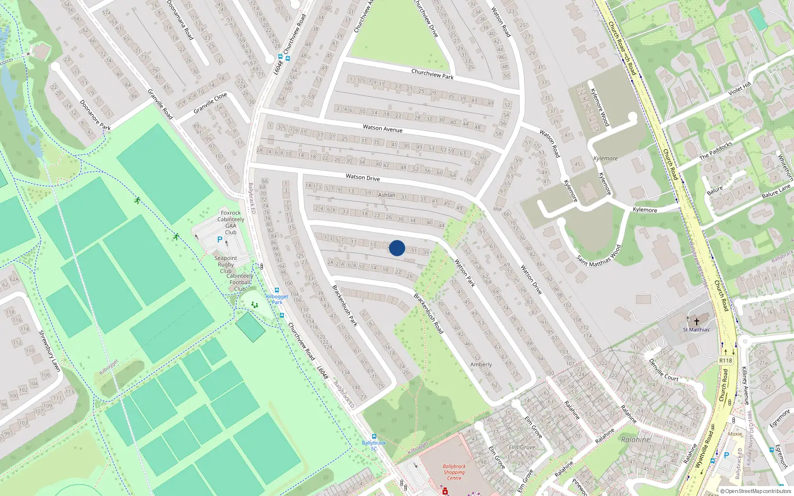 Overhead map showing the location of 25 Watson Park, Killiney