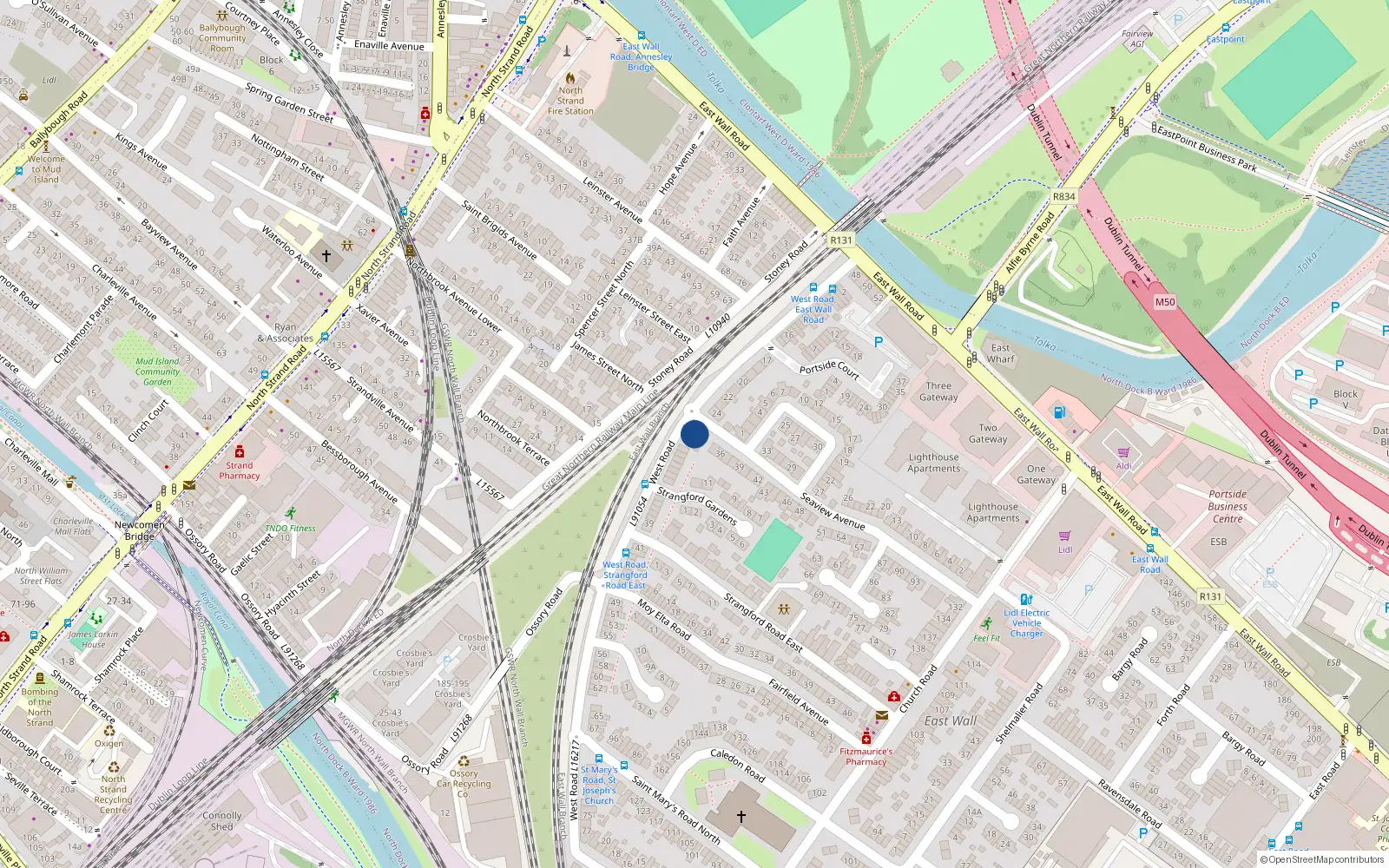 Overhead map showing the location of 25 West Road, East Wall, Dublin City