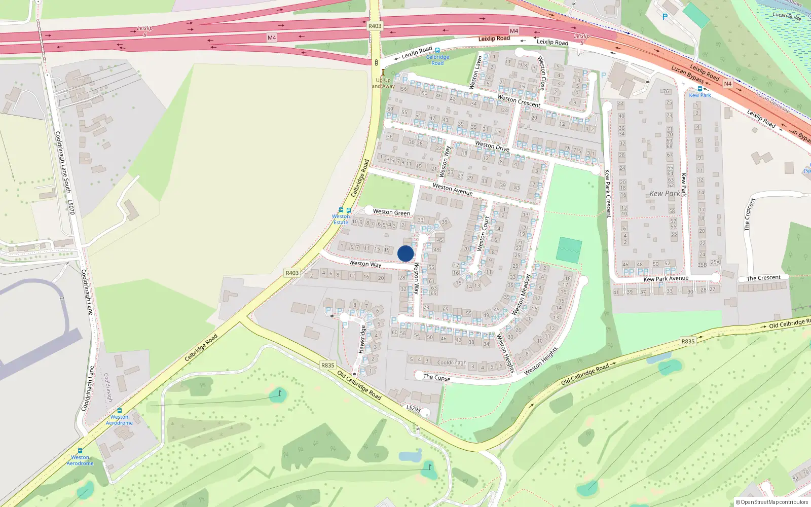 Overhead map showing the location of 25 Weston Way, Lucan