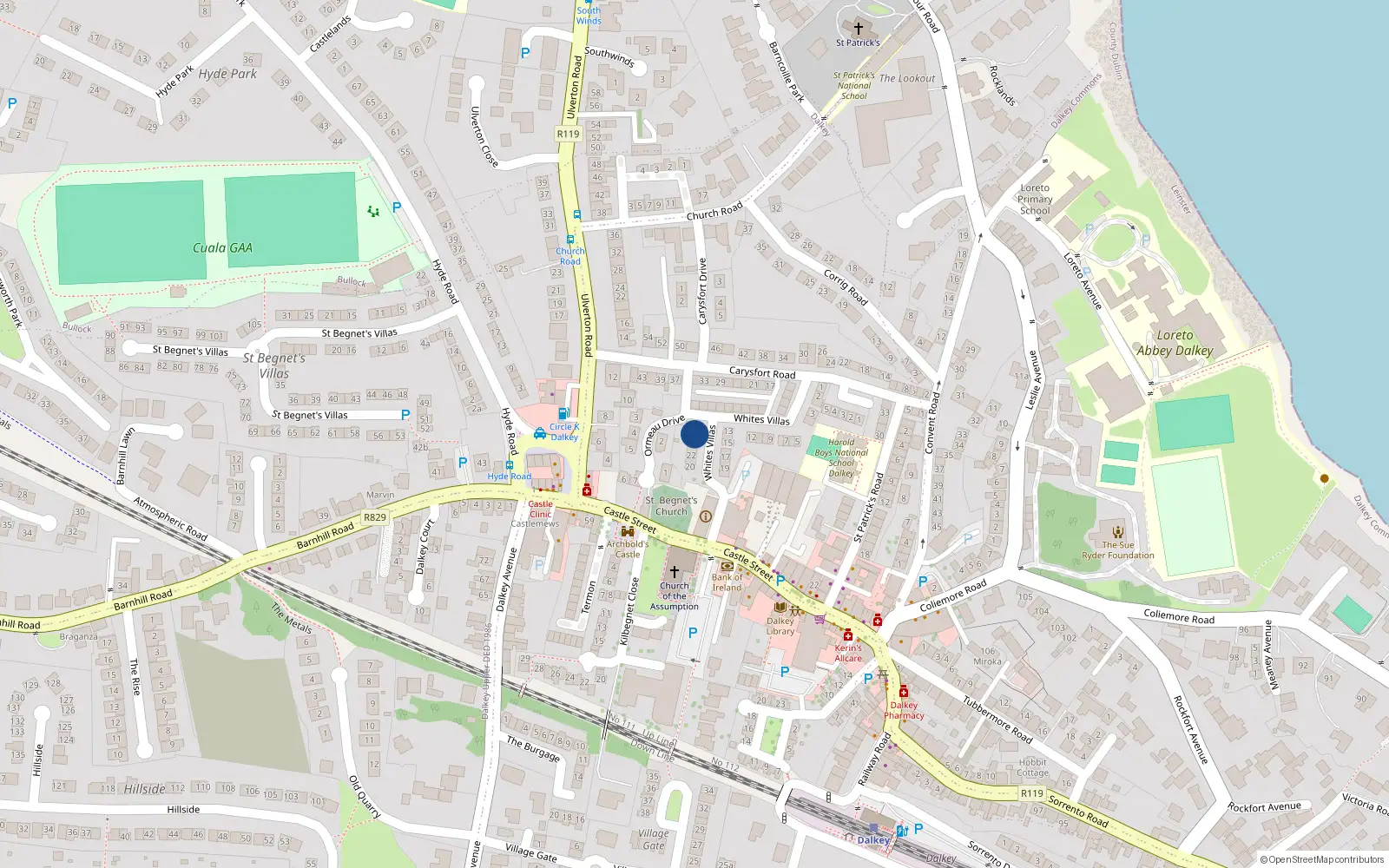 Overhead map showing the location of 25 Whites Villas, Dalkey, Dublin