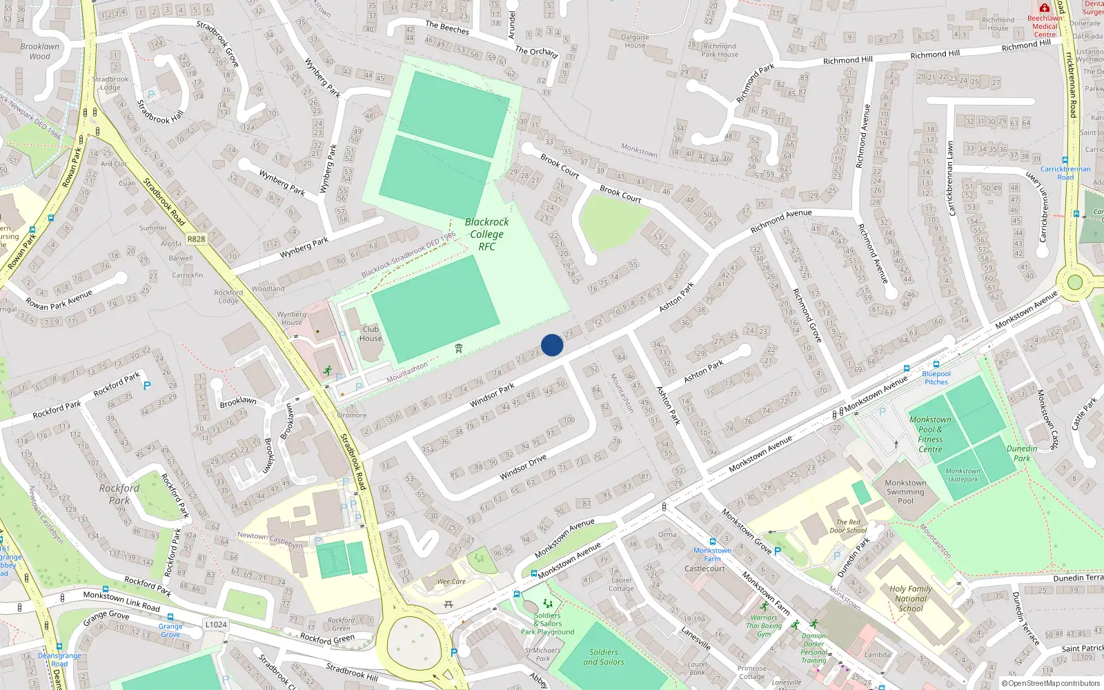 Overhead map showing the location of 25 Windsor Park, Monkstown, Dublin