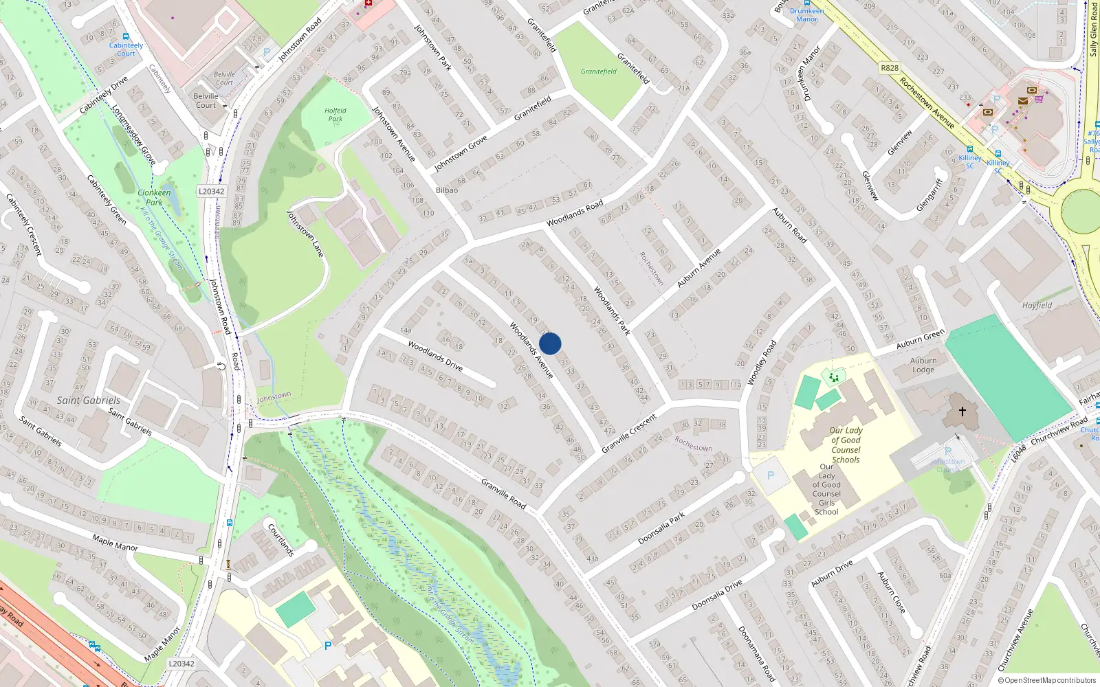 Overhead map showing the location of 25 Woodlands Avenue, Dun Laoghaire, Co Dublin