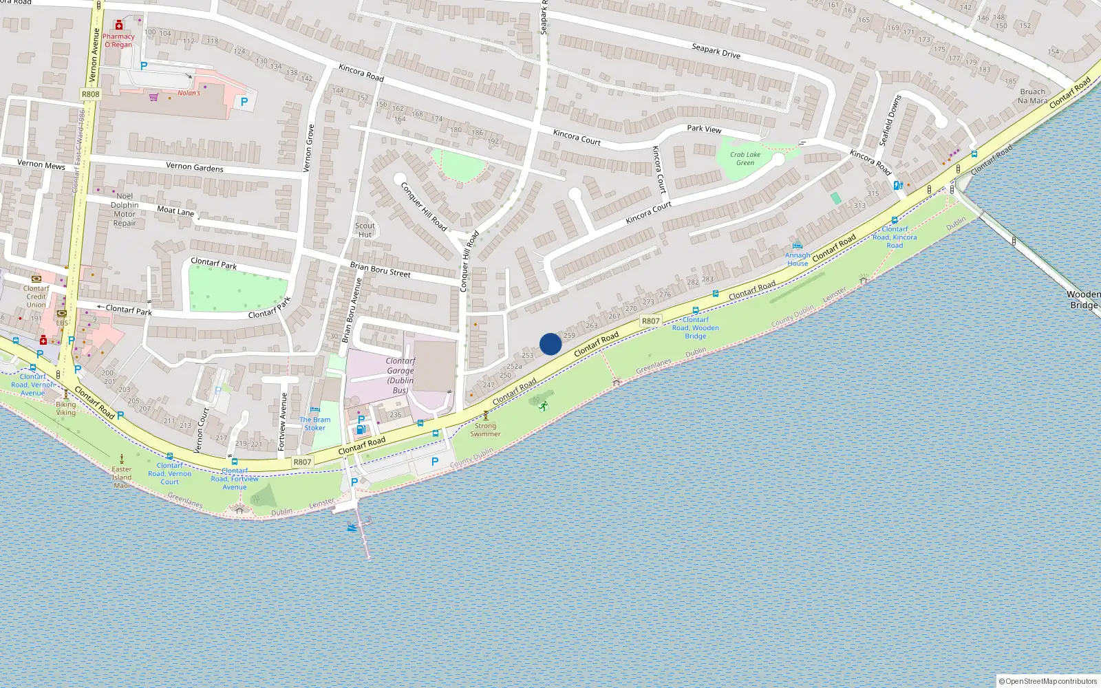 Overhead map showing the location of 256 Clontarf Road, Clontarf, Dublin 3