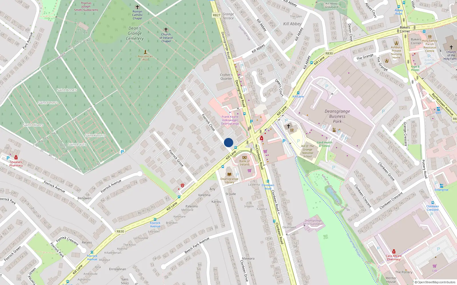 Overhead map showing the location of 256 Foxrock Close, Dublin 18