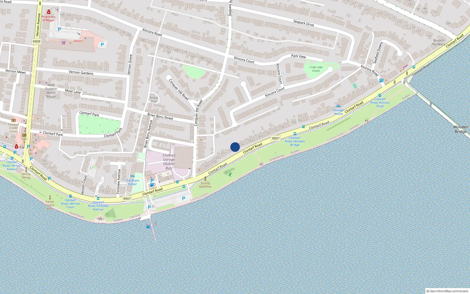 Overhead map showing the location of 257 Clontarf Road, Clontarf, Dublin 3