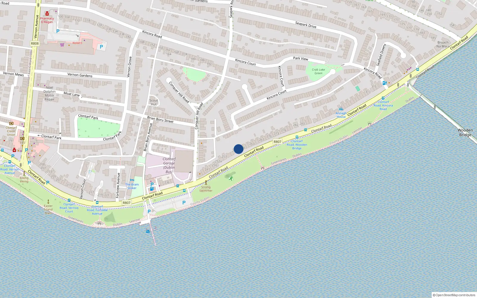 Overhead map showing the location of 258 Clontarf Road, Dublin 3