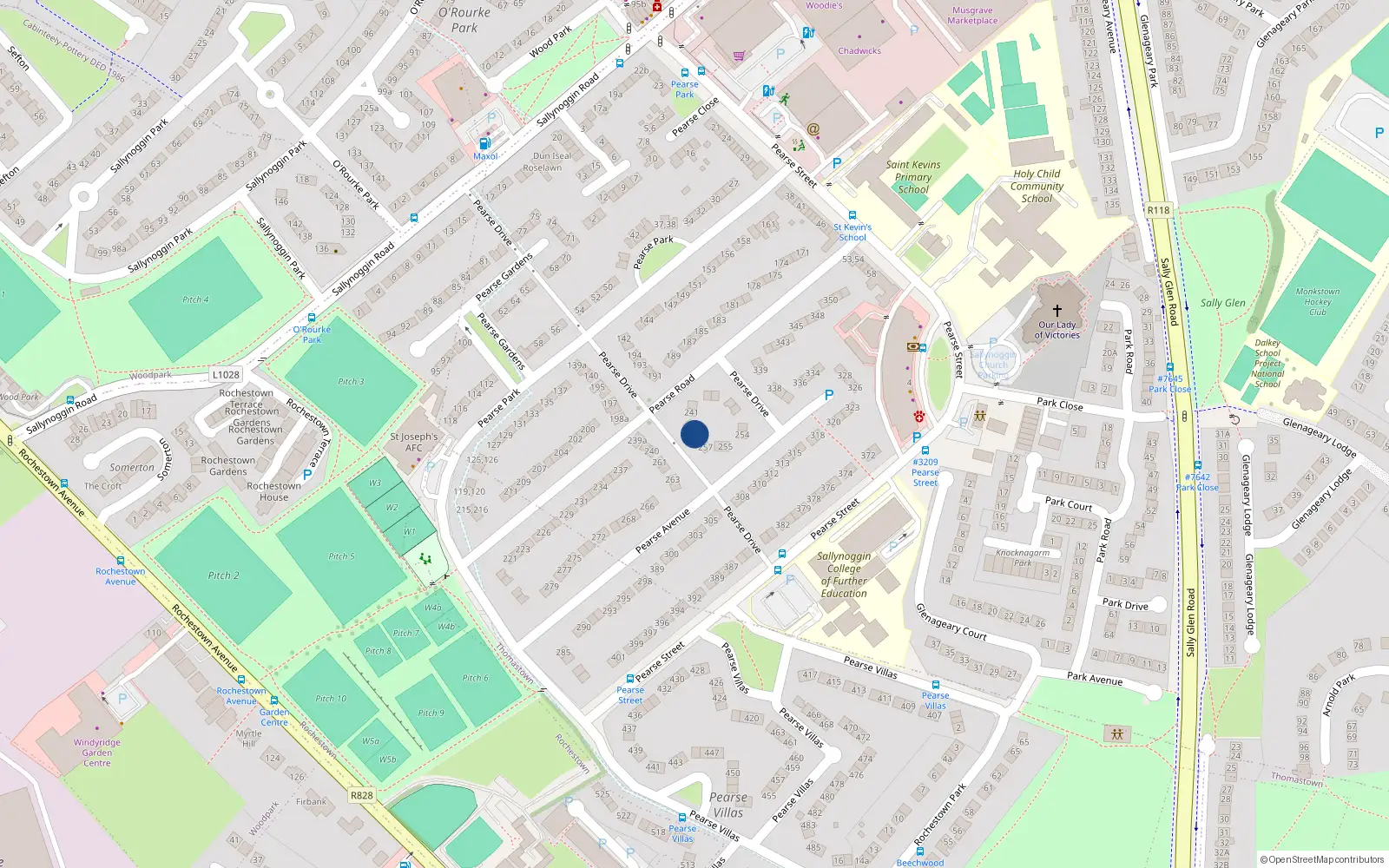 Overhead map showing the location of 259 Pearse Drive, Sallynoggin, Dublin