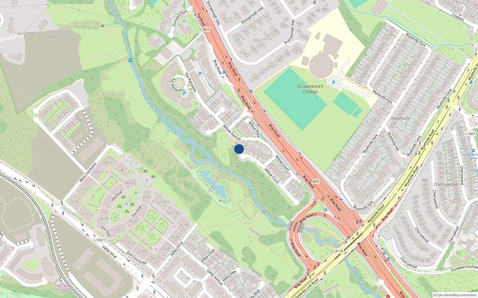 Overhead map showing the location of 25 Willow Court, Loughlinstown