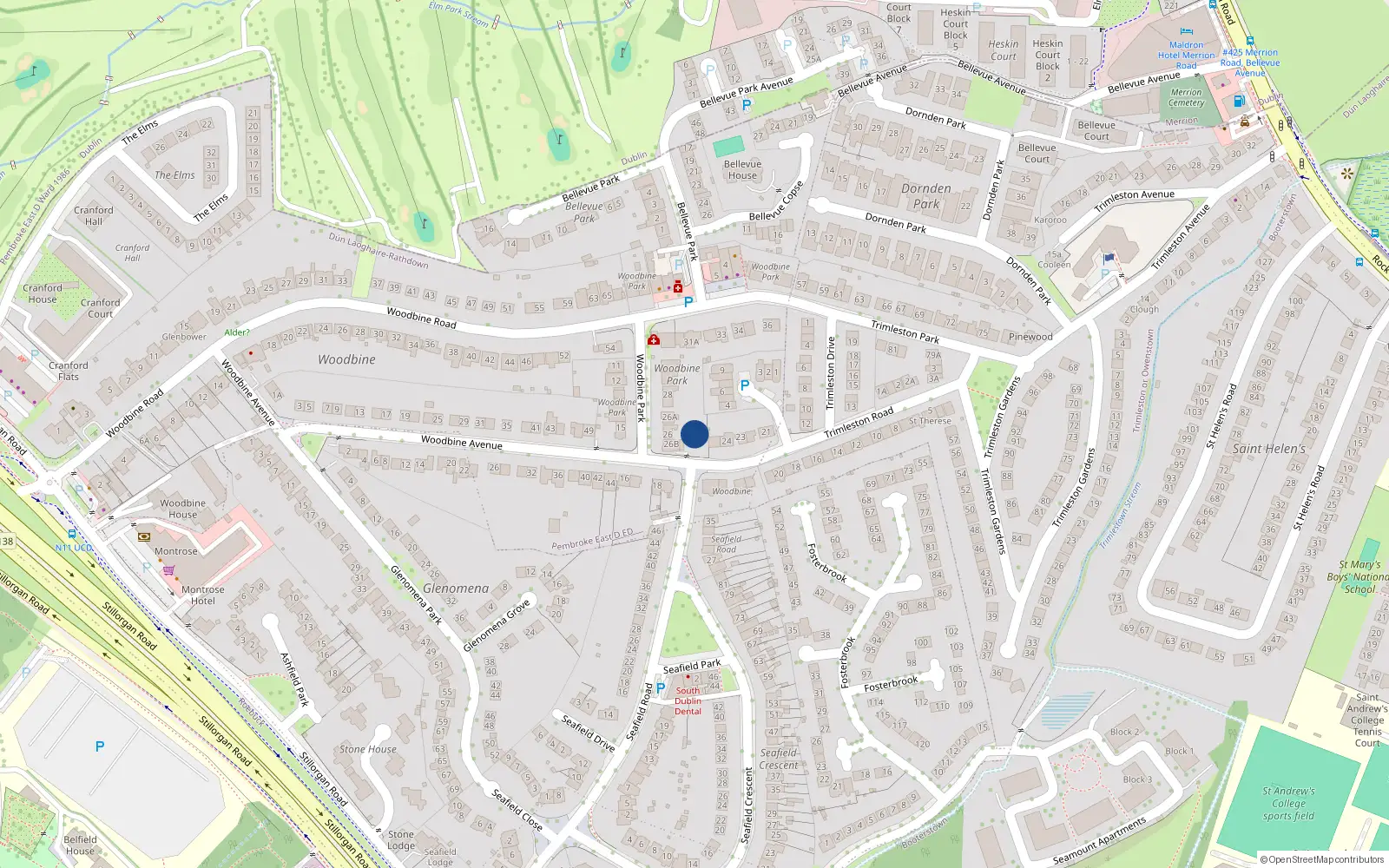 Overhead map showing the location of 25A Woodbine Park, Donnybrook, Blackrock