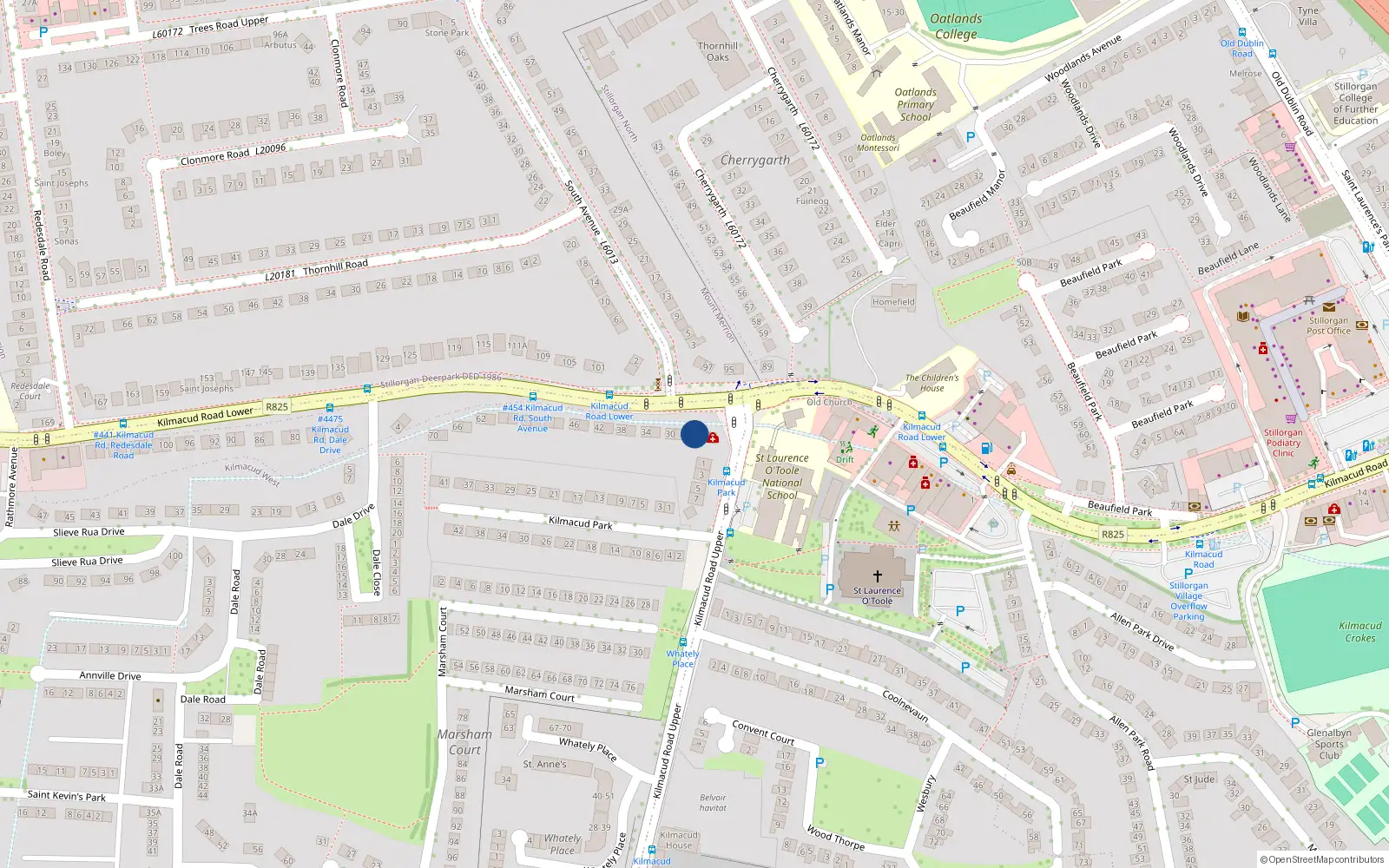 Overhead map showing the location of 26A Lower Kilmacud Road, Dublin