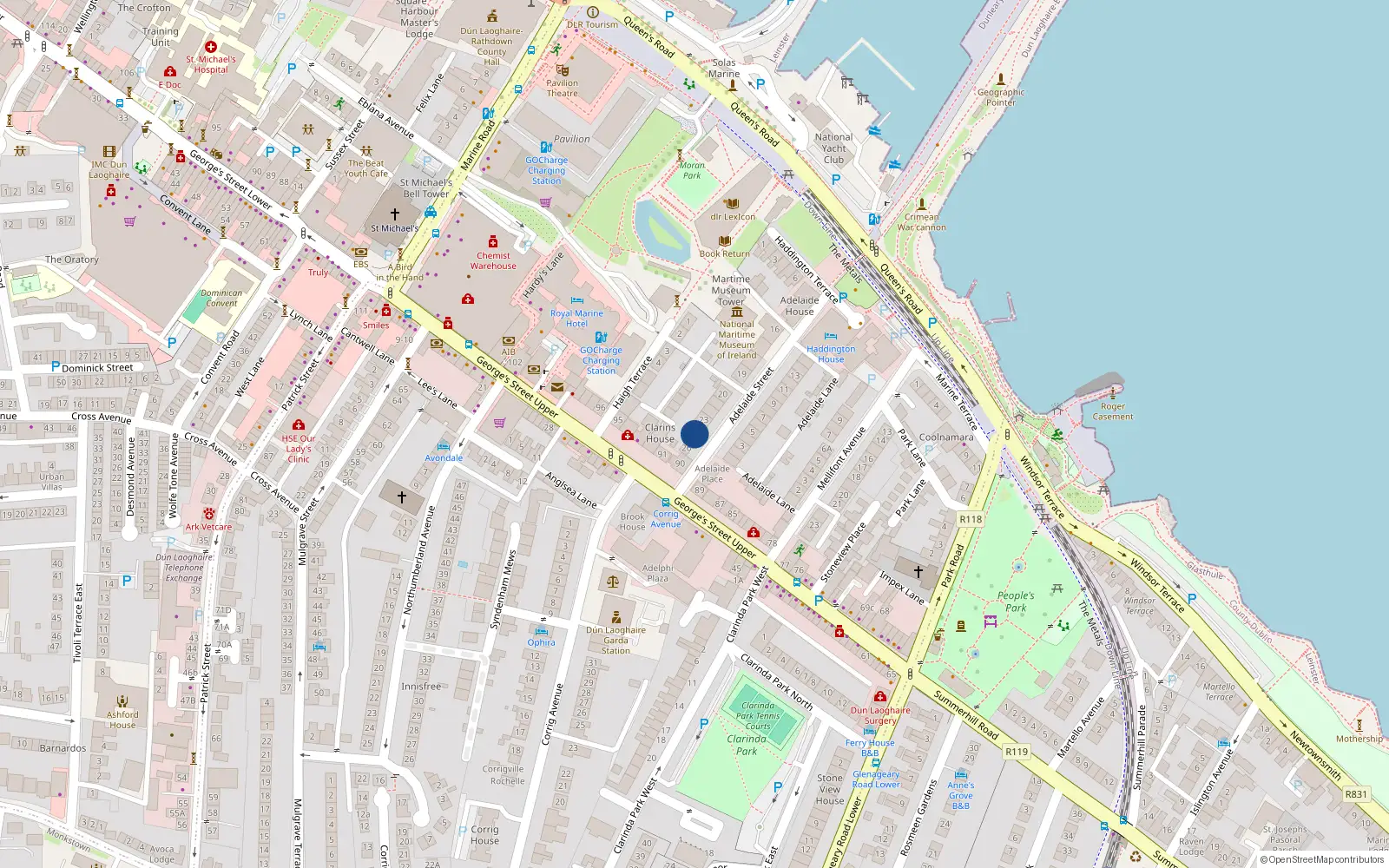 Overhead map showing the location of 26 Adelaide St, Dun Laoghaire, Dublin