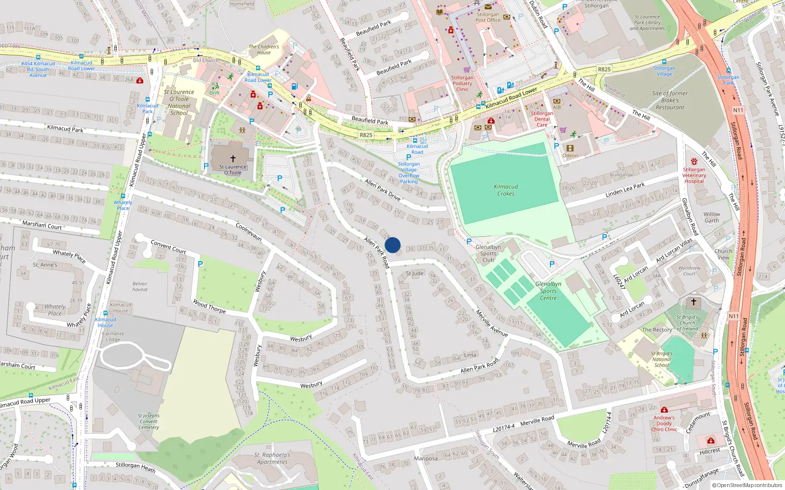 Overhead map showing the location of 26 Allen Park Road, Stillorgan, Dublin