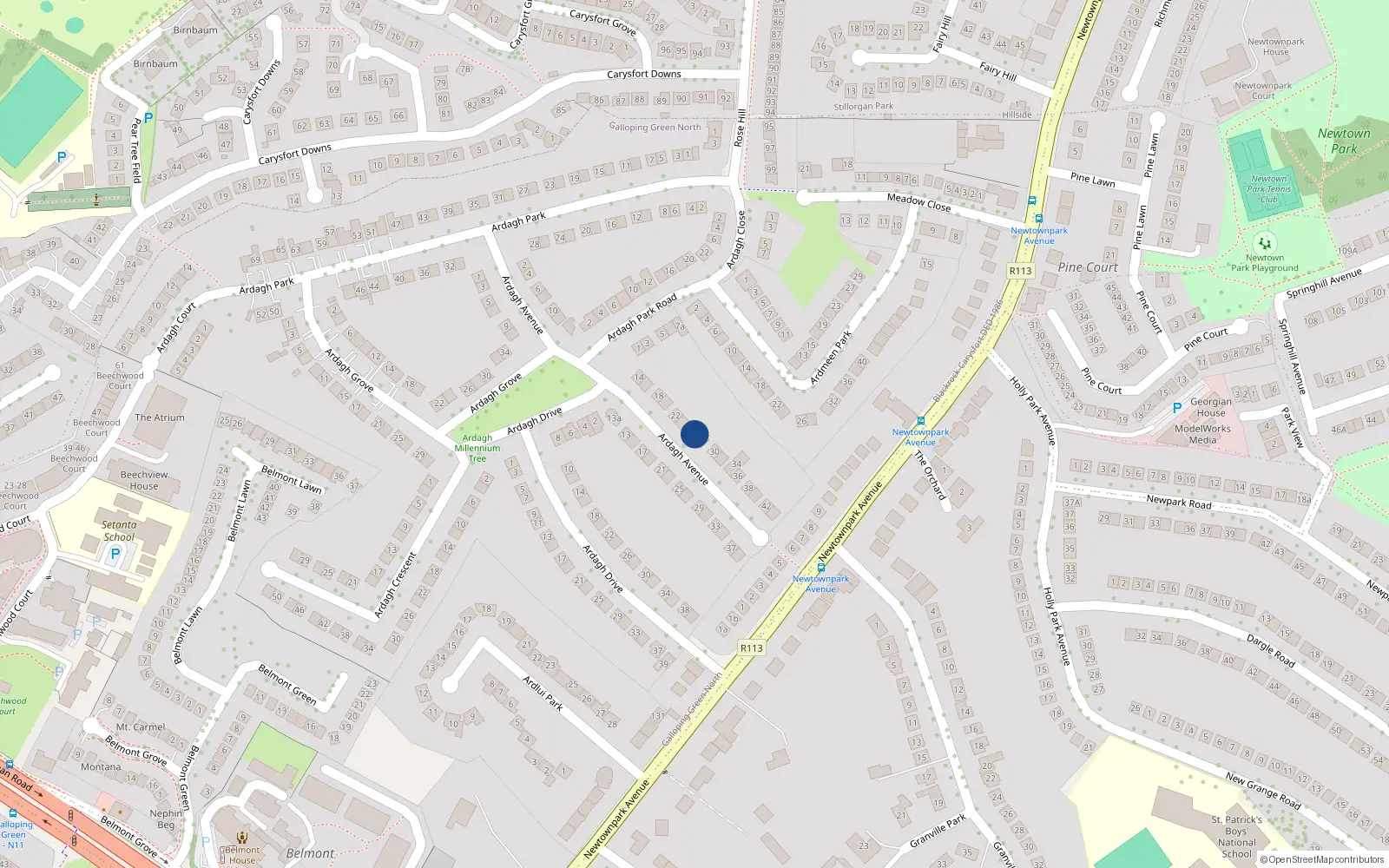 Overhead map showing the location of 26 Ardagh Avenue, Blackrock, Dublin