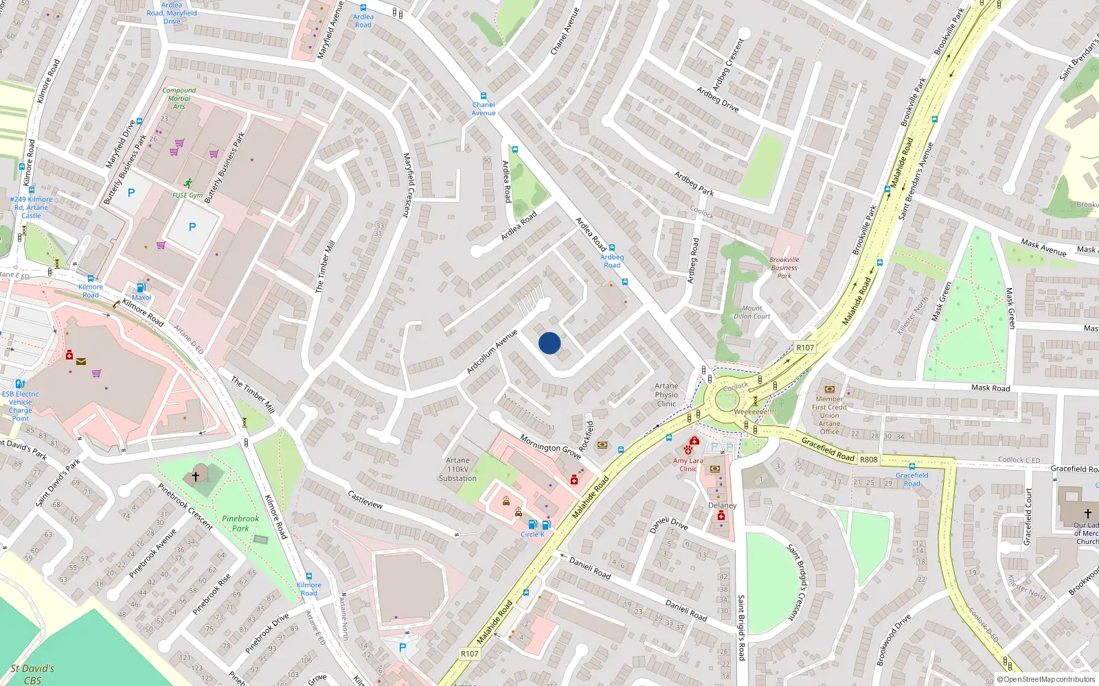 Overhead map showing the location of 26 Ardcollum Avenue, Artane, Dublin 5