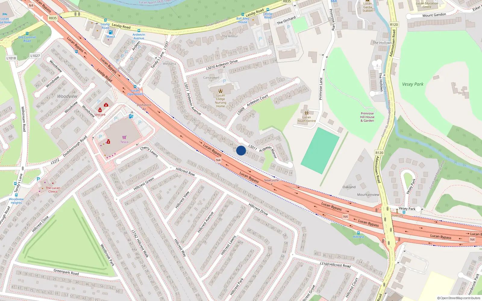 Overhead map showing the location of 26 Ardeevin Manor, Lucan, Dublin