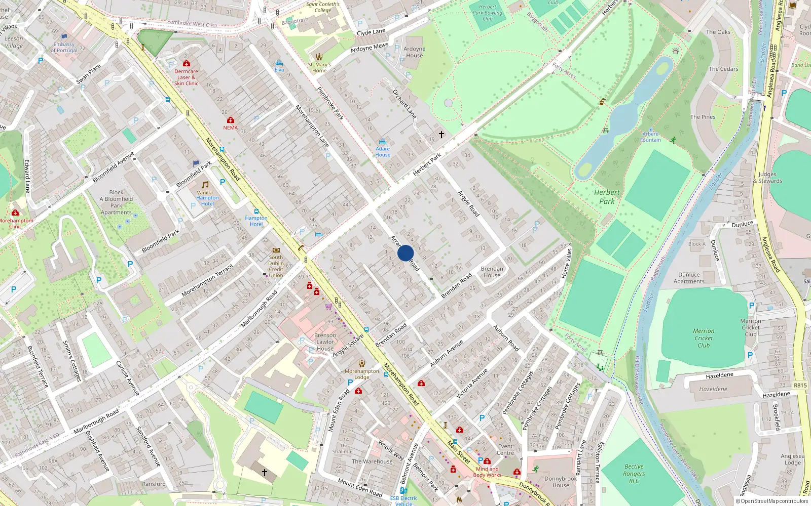 Overhead map showing the location of 26 Arranmore Road, Ballsbridge