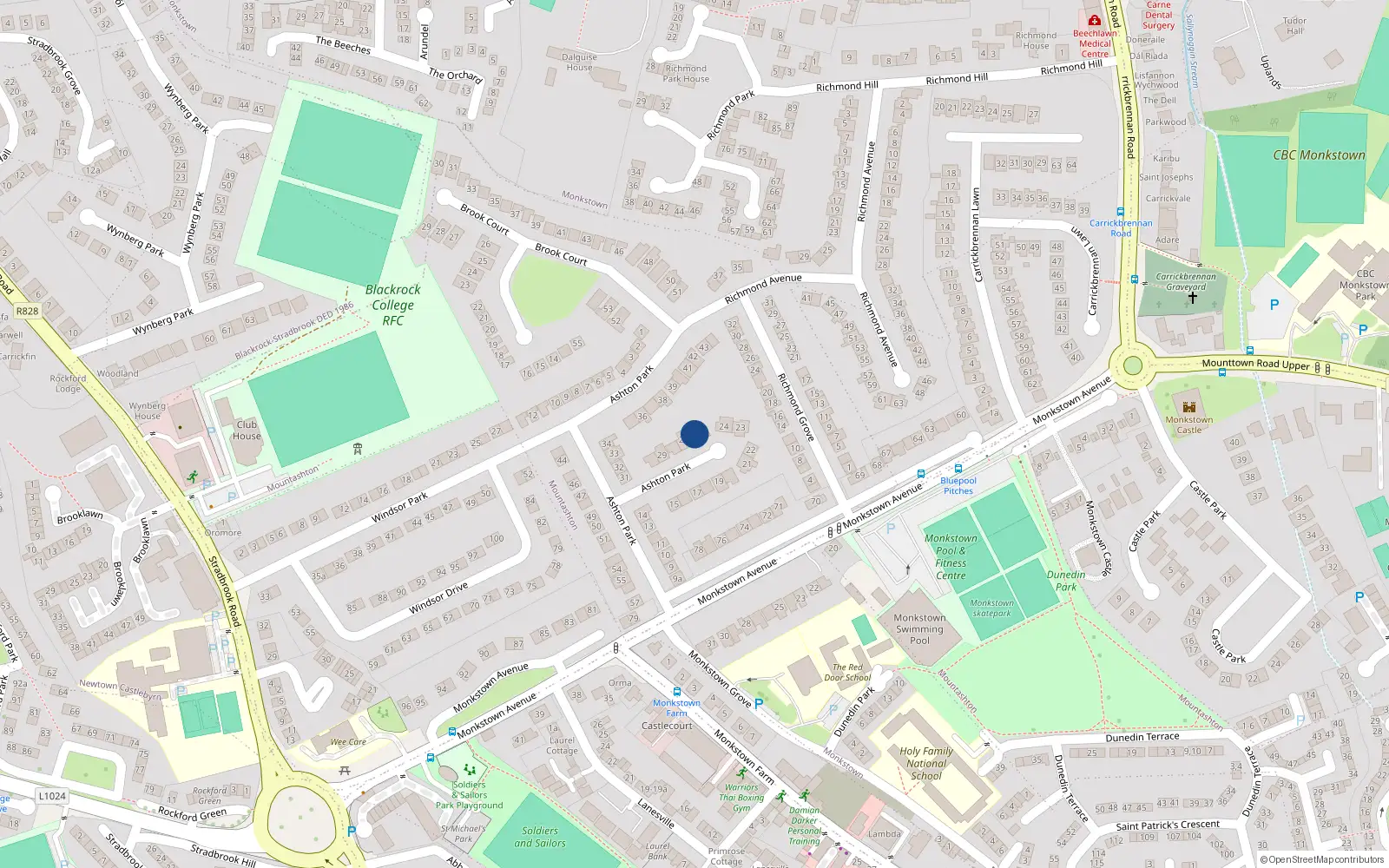 Overhead map showing the location of 26 Ashton Park, Monkstown