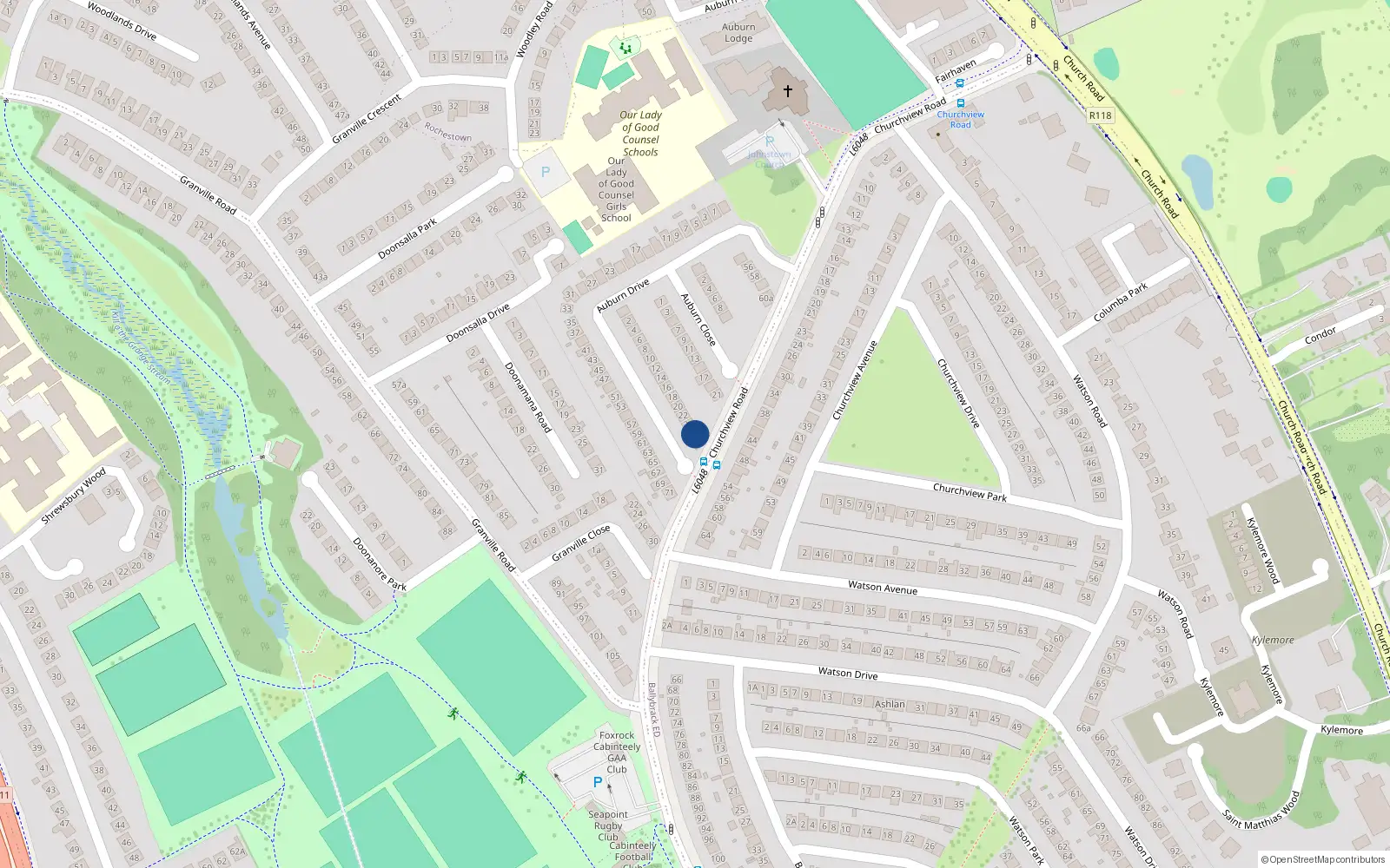 Overhead map showing the location of 26 Auburn Drive, Ballybrack