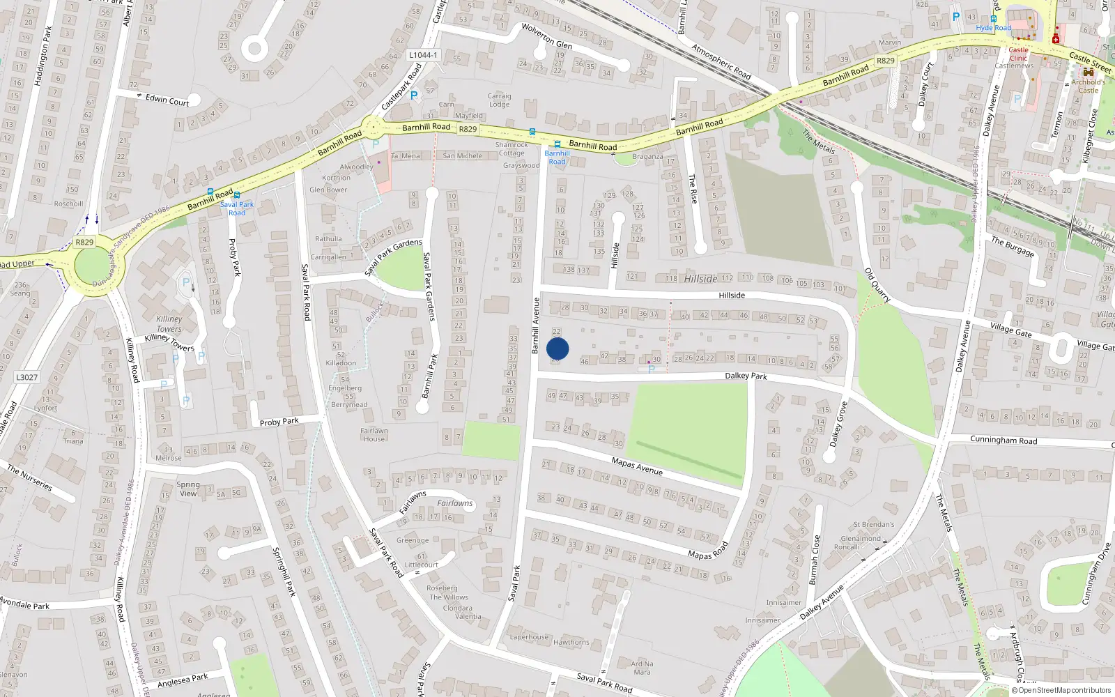 Overhead map showing the location of 26 Barnhill Avenue, Dalkey