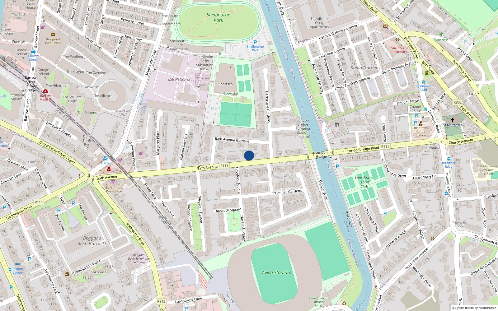 Overhead map showing the location of 26 Bath Avenue Gardens, Dublin 4