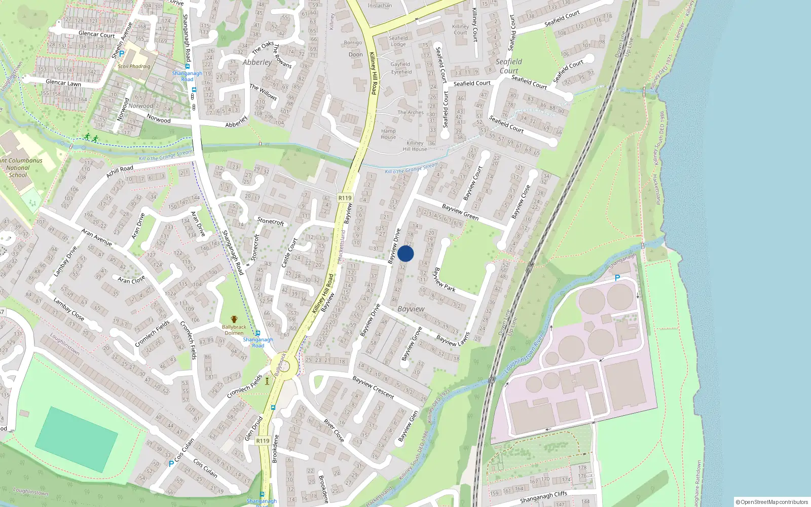 Overhead map showing the location of 26 Bayview Drive, Killiney