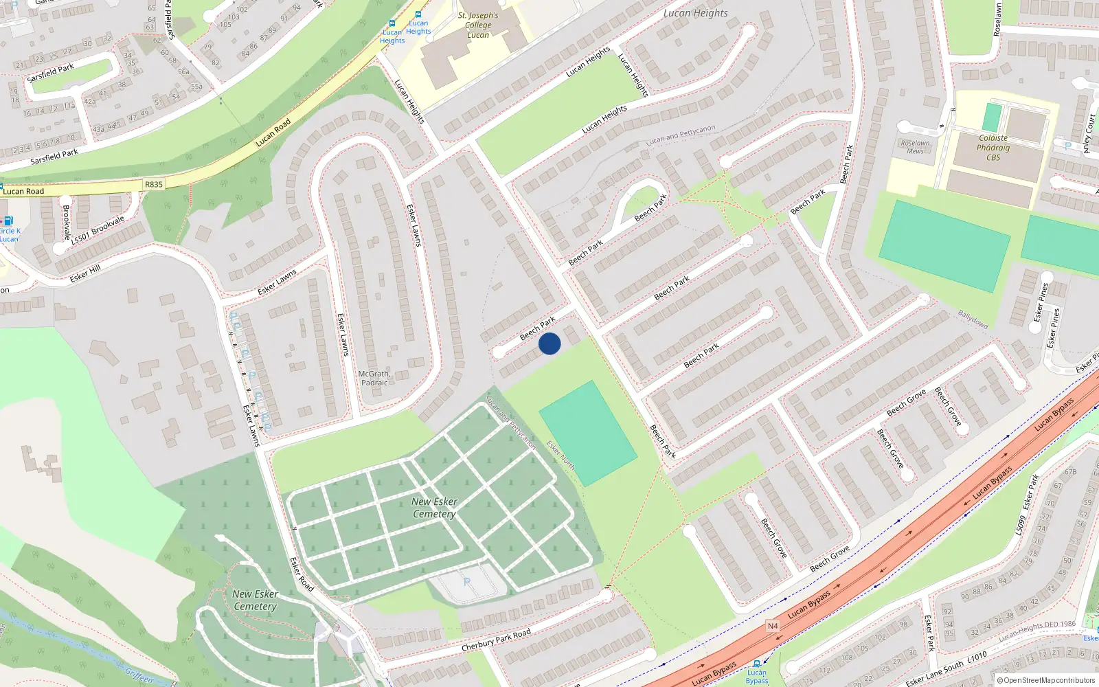 Overhead map showing the location of 26 Beech Park, Lucan, Dublin