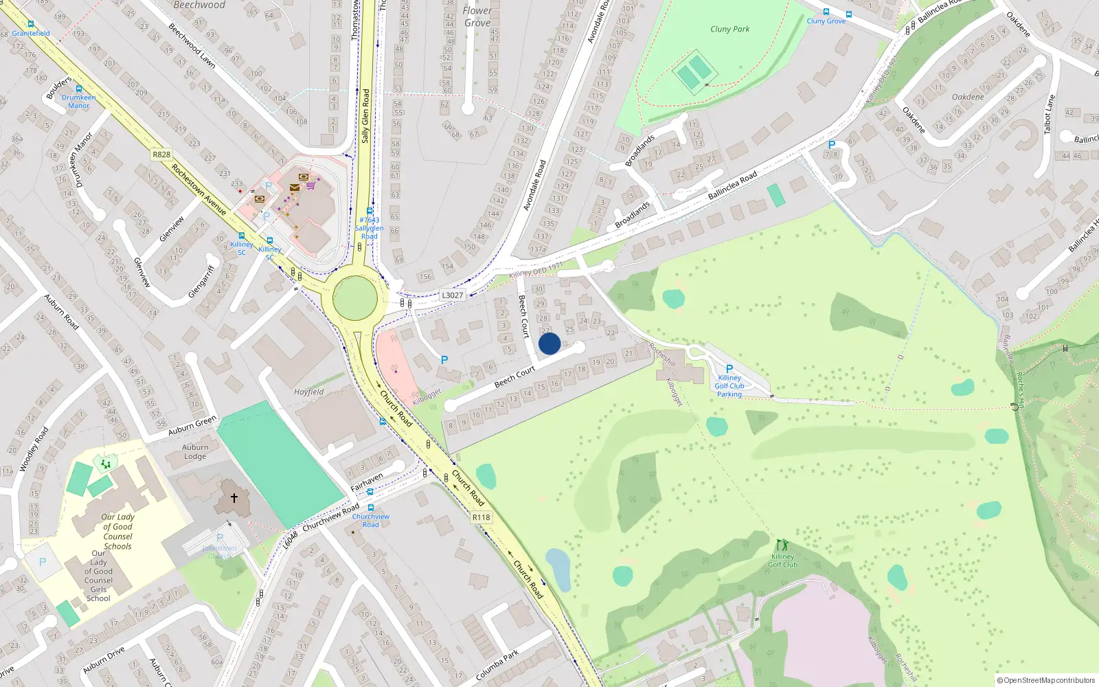 Overhead map showing the location of 26 Beech Court, Killiney