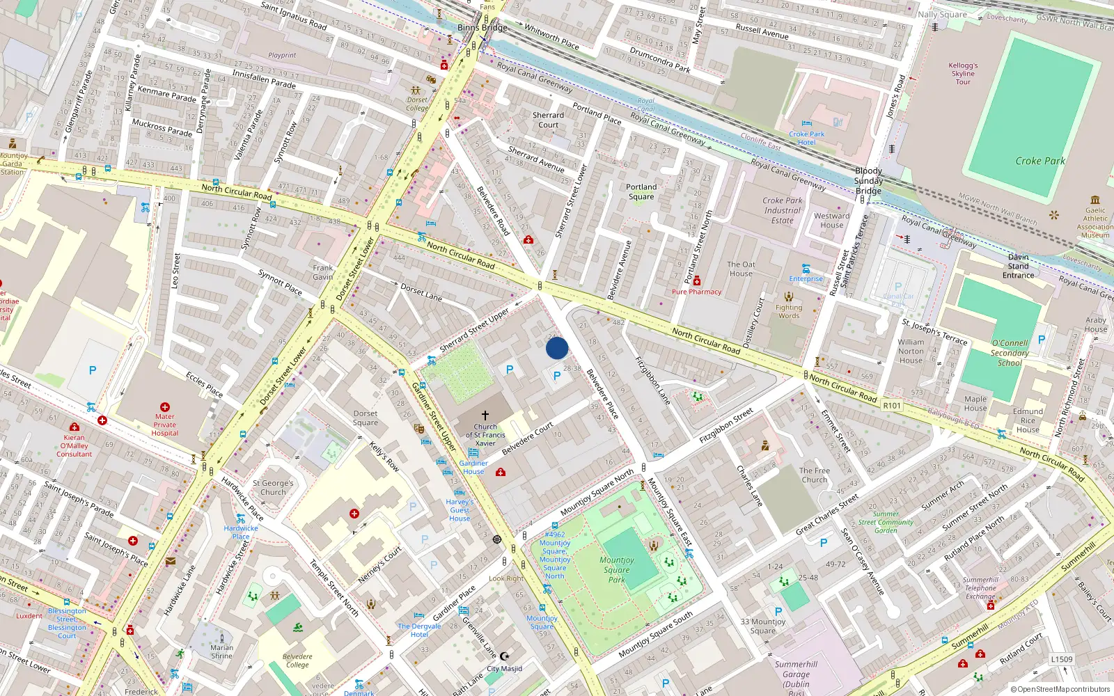 Overhead map showing the location of 26 Belvedere Place, Palatine Square