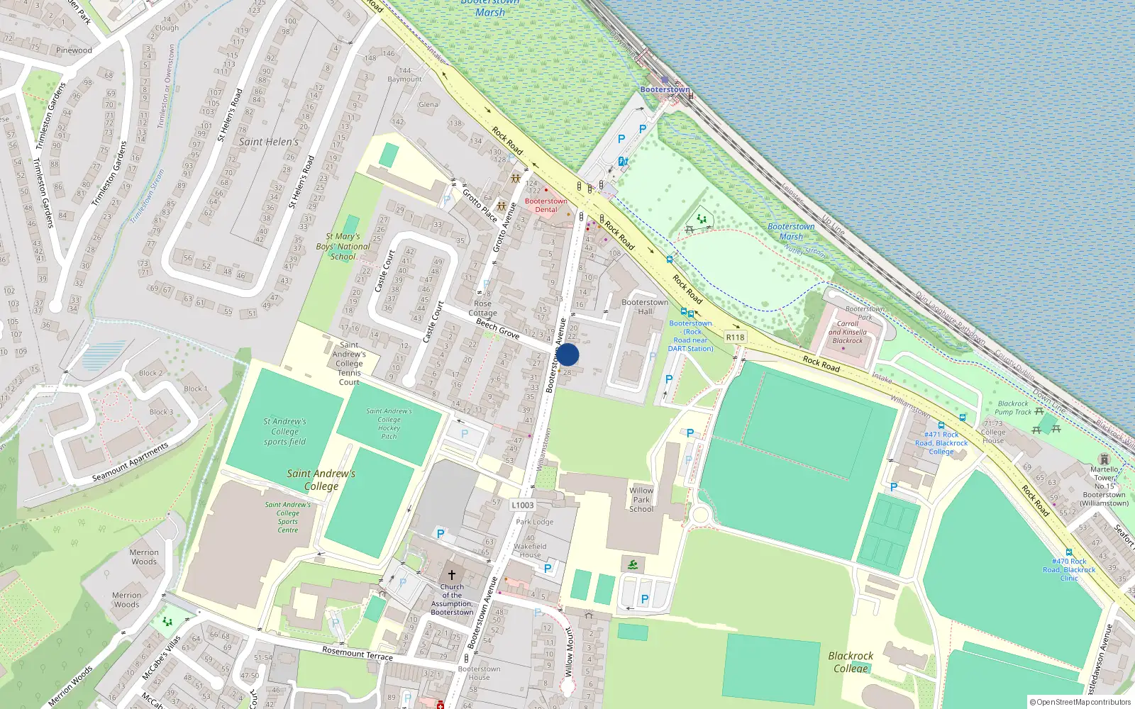Overhead map showing the location of 26 Booterstown Avenue, Blackrock, Dublin