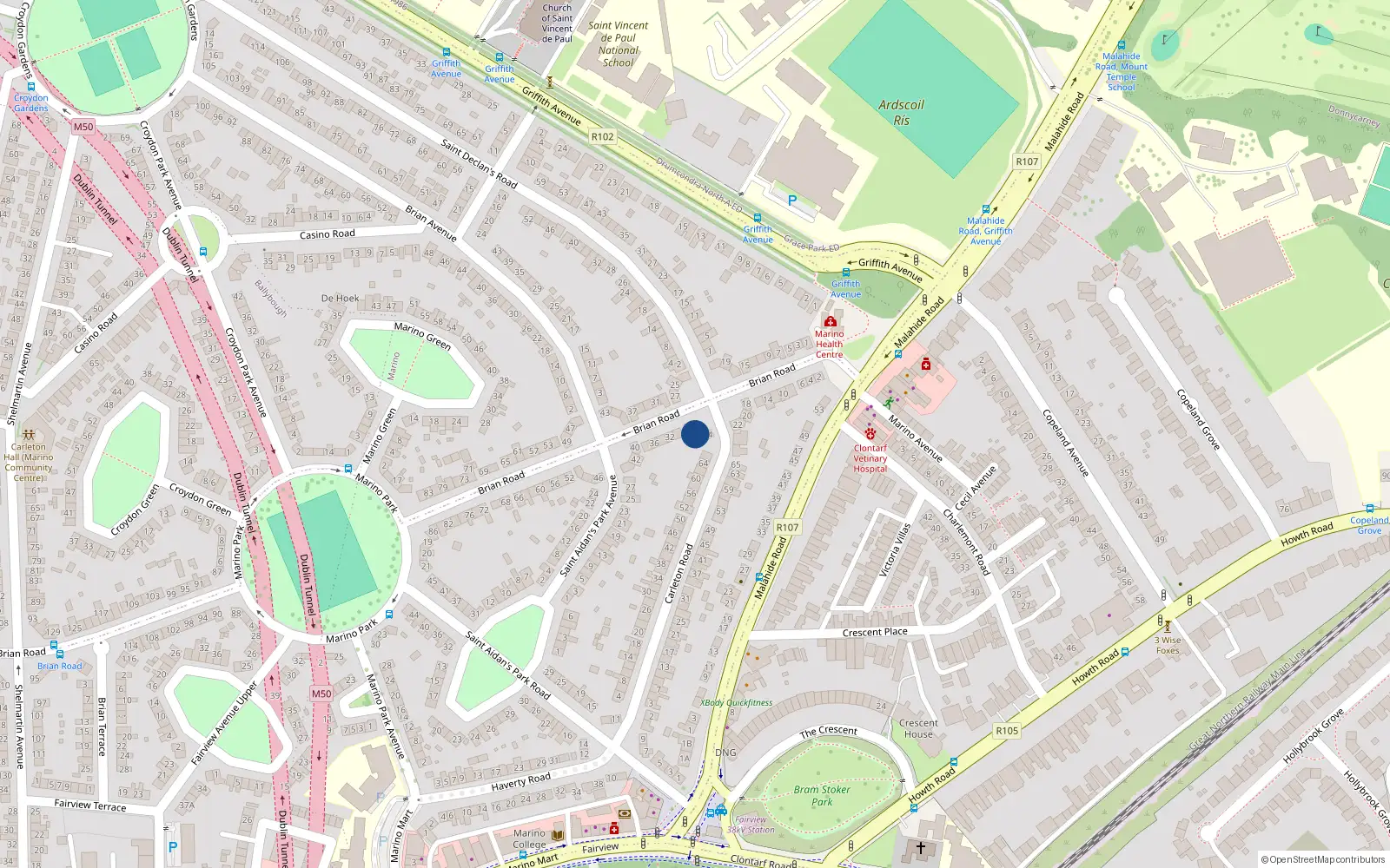 Overhead map showing the location of 26 Brian Road, Dublin 3