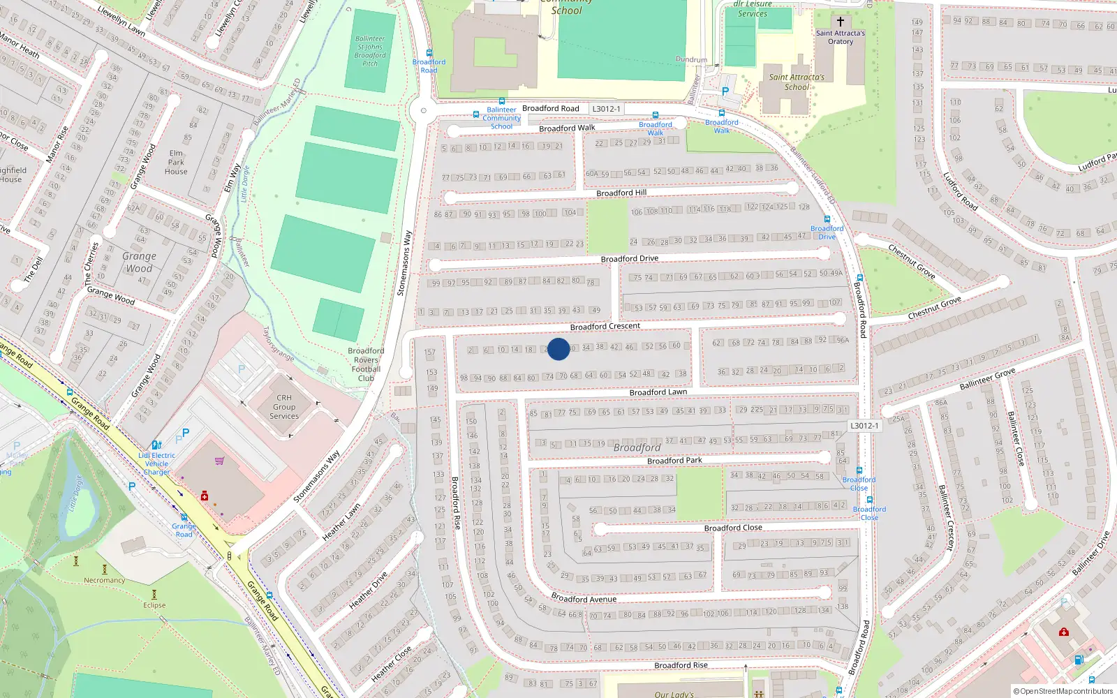 Overhead map showing the location of 26 Broadford Crescent, Dublin 16