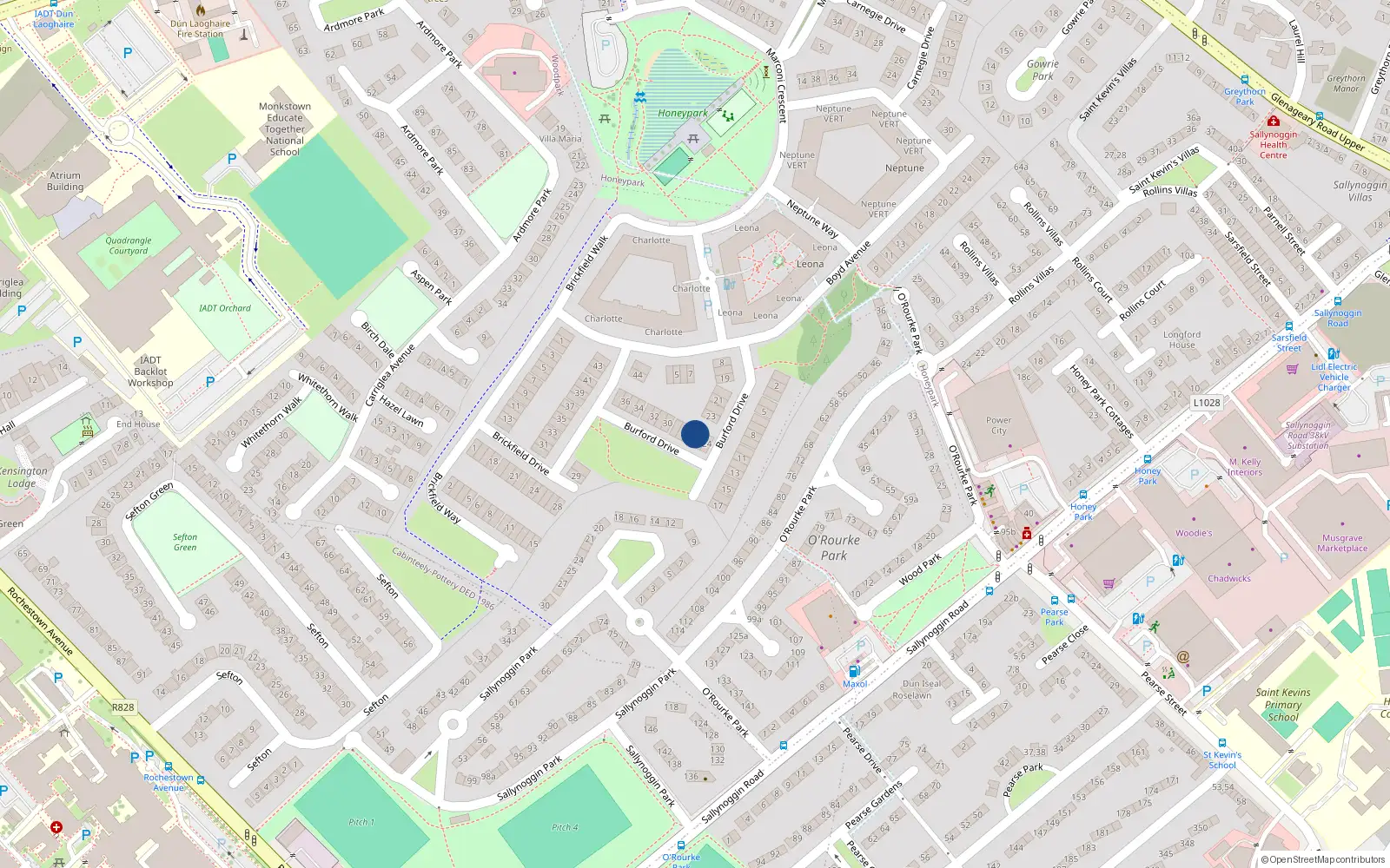 Overhead map showing the location of 26 Burford Drive, Dun Laoghaire