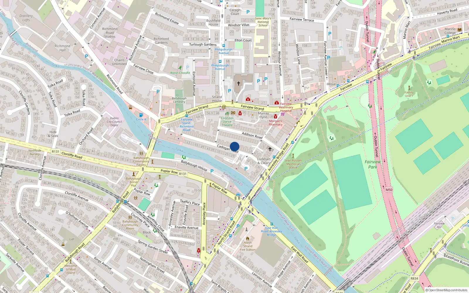 Overhead map showing the location of 26 Cadogan Road, Fairview, Dublin 3